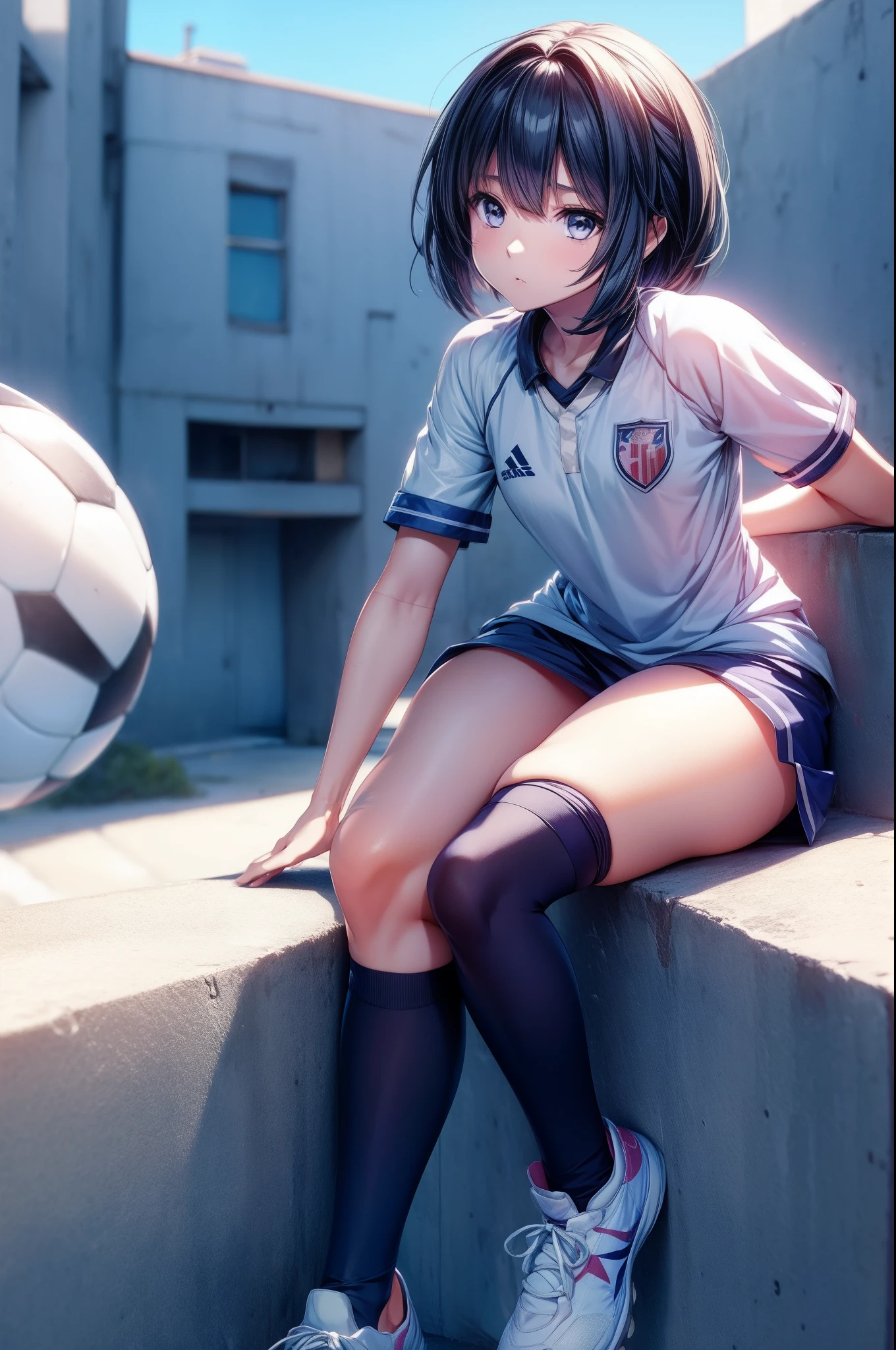 :0,Anime girl sitting on a ledge with a soccer ball in her hand, uniforme de futebol,anime moe artstyle