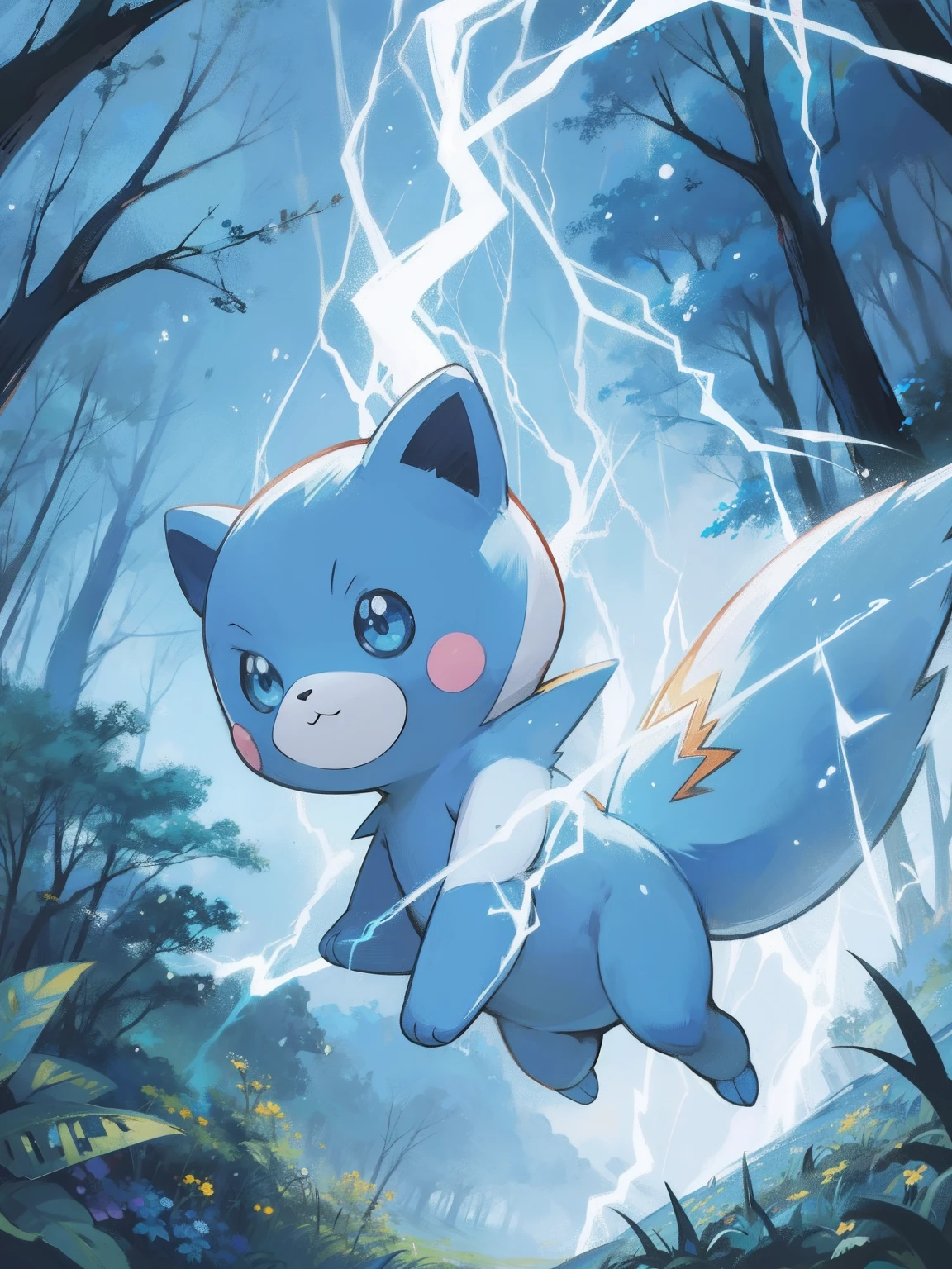 Anime style, pokemon style, only little blue bear with six legs, cute, sunny forest, around Lightning bolts