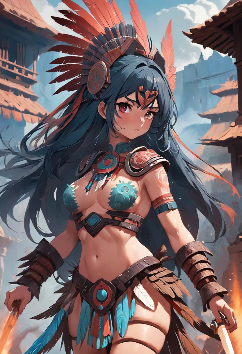 Aztec princess doll, barbarian warrior woman, en un disfraz con plumas en la cabeza, con cuchillo ceremonial en la mano, muchas llamas y humo, diente,en fondo un templo azteca medio destruido humeante, Destacado en CG Society, Realistic fantasy art, Vibrante color profundo y rico, Motor irreal, Greg Rutkowski, loish, Rhads, Beeple, Makoto Shinkai y Lois Van Baarle, Ilya Kuvshinov, RossDrew, Tom Bagshaw, Alphonse Mucha, global ilumination, Entorno detallado e intrincado