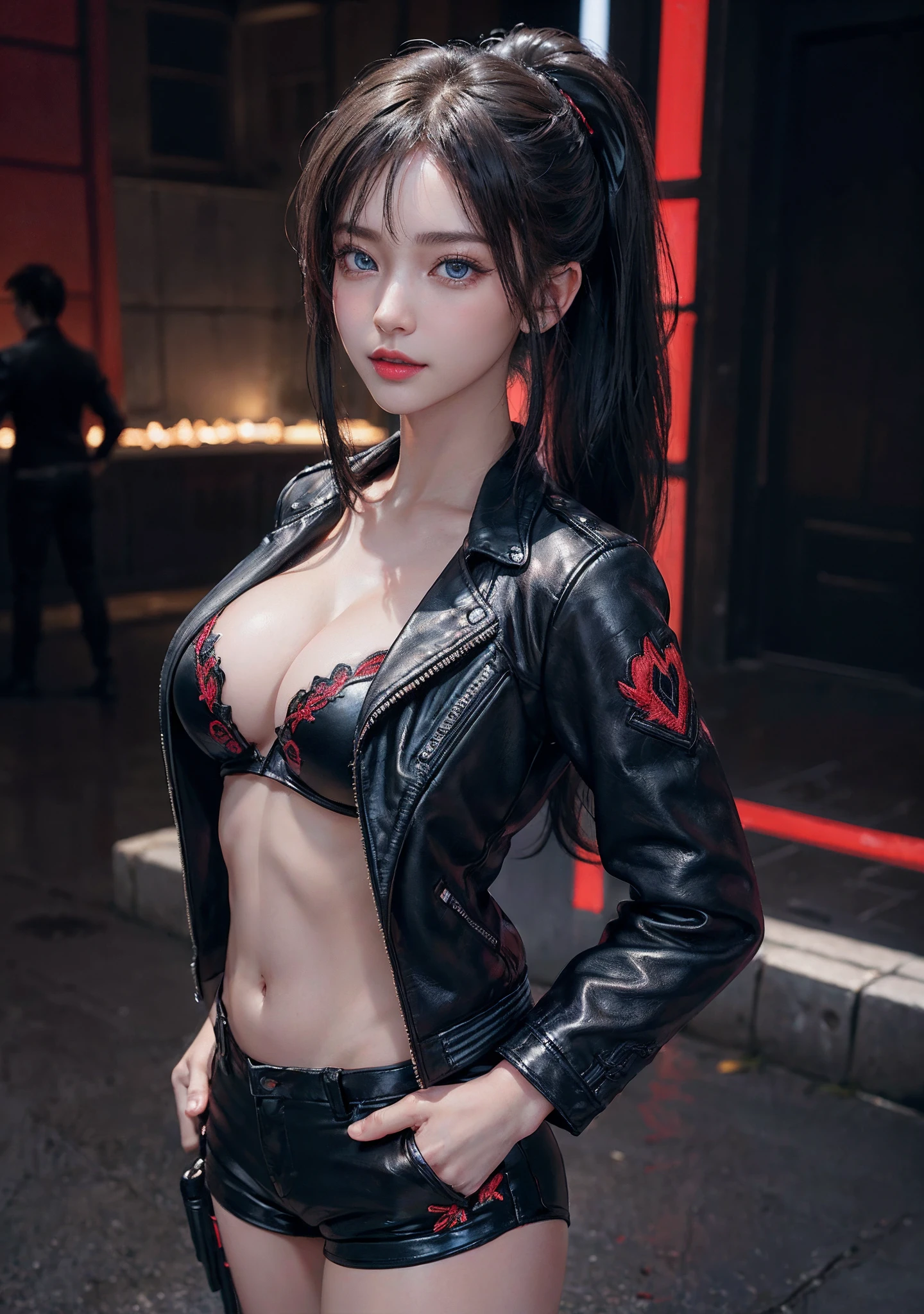 8k wallpaper、((Photo above the navel)),((Face Focus:1.5,Angle:1.5))、((Looking at the camera)),Cyberpunk neon background、(A hyper-realistic)、(illustratio)、(hight resolution)、Real Photographic:1.4,(ighly detailed)、(Best Illustration)、(beautifully detailed eyes)、(top-quality)、(ultra-detailliert)、(masterpiece)、(A detailed face)、(独奏)、1 girl in、18year old、((Looking at Viewer))、Perfect Anatomy、Constricted hips、aqua blue eyes、eyeshadows、A detailed eye、Detailed lashes、Red Lip))、Cyberpunk Accessories、(Lots of big tattoos:1.4)、fine detailed、(extreme light and shadows)、lowkey、pureerosfaceace_v1、A smile:1.1、break,((Red mesh and silver lower ponytail)、(bangss:1.4)、Colossal tits:1.2,cleavage of the breast:1.2,((Embroidered black leather jacket)),((Black leather high leg shorts))、((Embroidered red black bra))、Red Theme、Red background