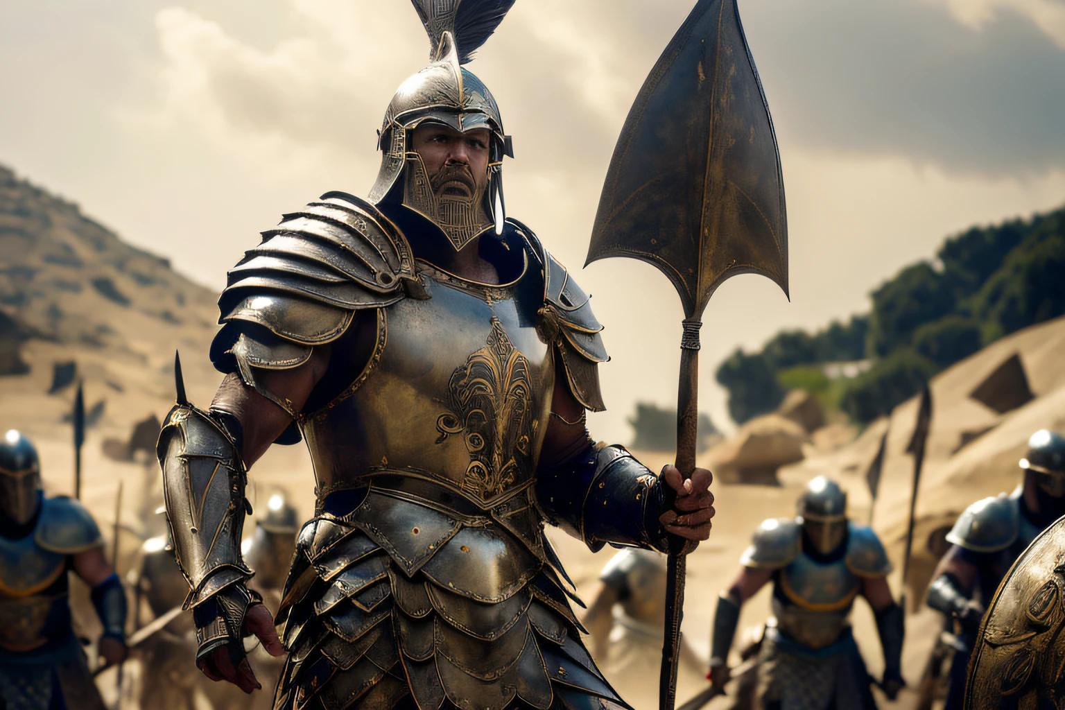 there is a man GIANT TALL in a helmet and armor holding a spear, armoured warrior, dressed in spartan armour, ancient soldier, ares with heavy armor and sword, in thick full bronze armour, clothed in ancient battle armor, ancient warrior, leading spartans into battle, picture of an adult male warrior, armored warrior, persian warrior, ancient mesopotamian warrior, invading army background