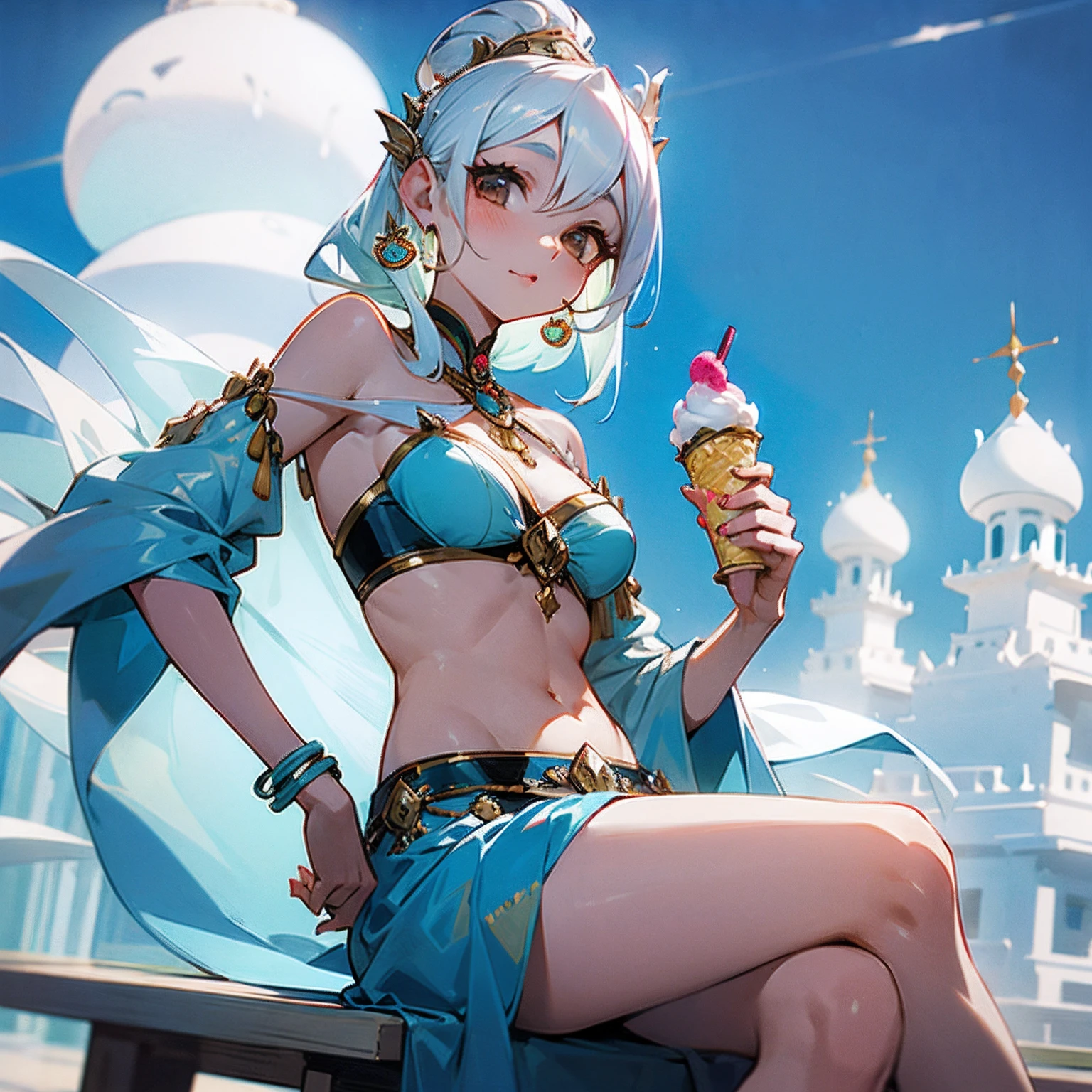 Mayadere "1 adorable and stunning girl with a Mayadere personality enjoying an ice-cream in a unique setting."