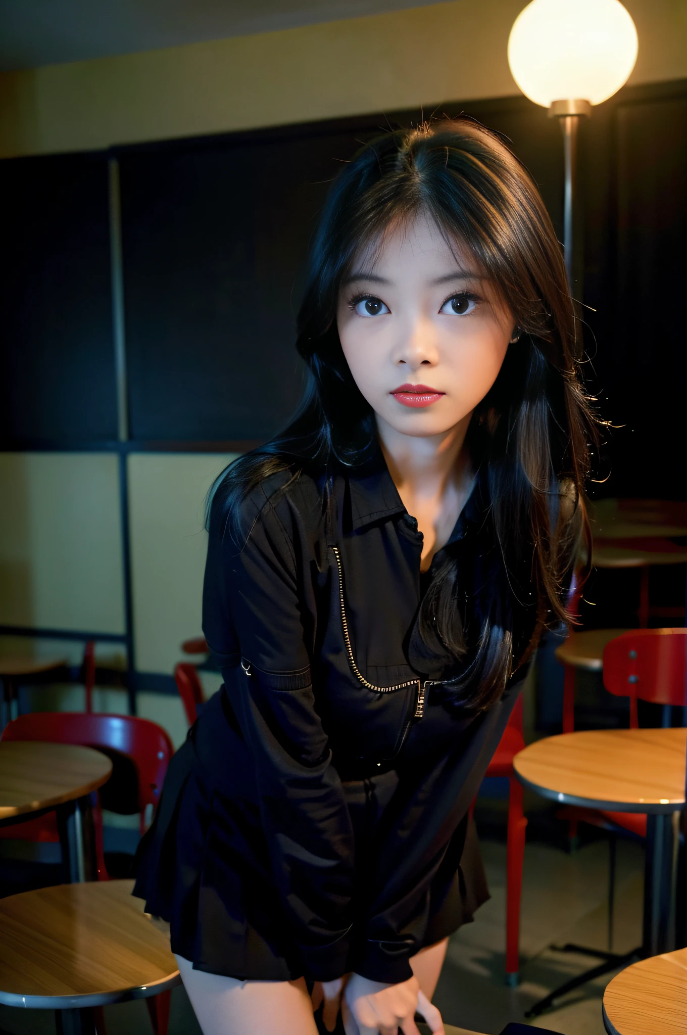 tmasterpiece,best qualtiy,ultra - detailed,illustratio,Colorful,Falt color,depth of fields,lens flare glow,1girl,Hong Kong beauty,Royal sister style,Sexy style,sitted,brunette color hair,looking at viewert,schools,Classroom,Pleated miniskirt,校服,serafuku,black pantyhoses,Detailed skin texture,Fine cloth texture,Nice and delicate face,(Expose cleavage),mediuml breasts