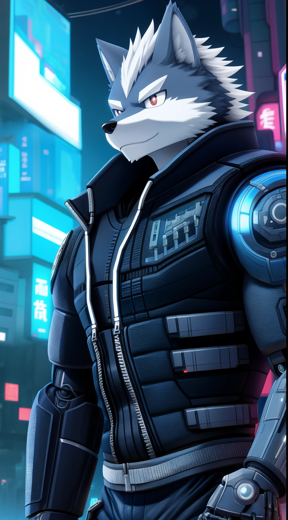 masterpiece, best quality, intricate, pixiv, highres, perfect lighting, absurd res, , detailed background,  cg, cartoony,
delicate face, delicate eyes,
kemono, furry, (anthro male wolf), teenage, 
bara, muscular,
(cyborg:1.3), hi tech, high tech, cyberpunk, 3D ULTRA HD 16K