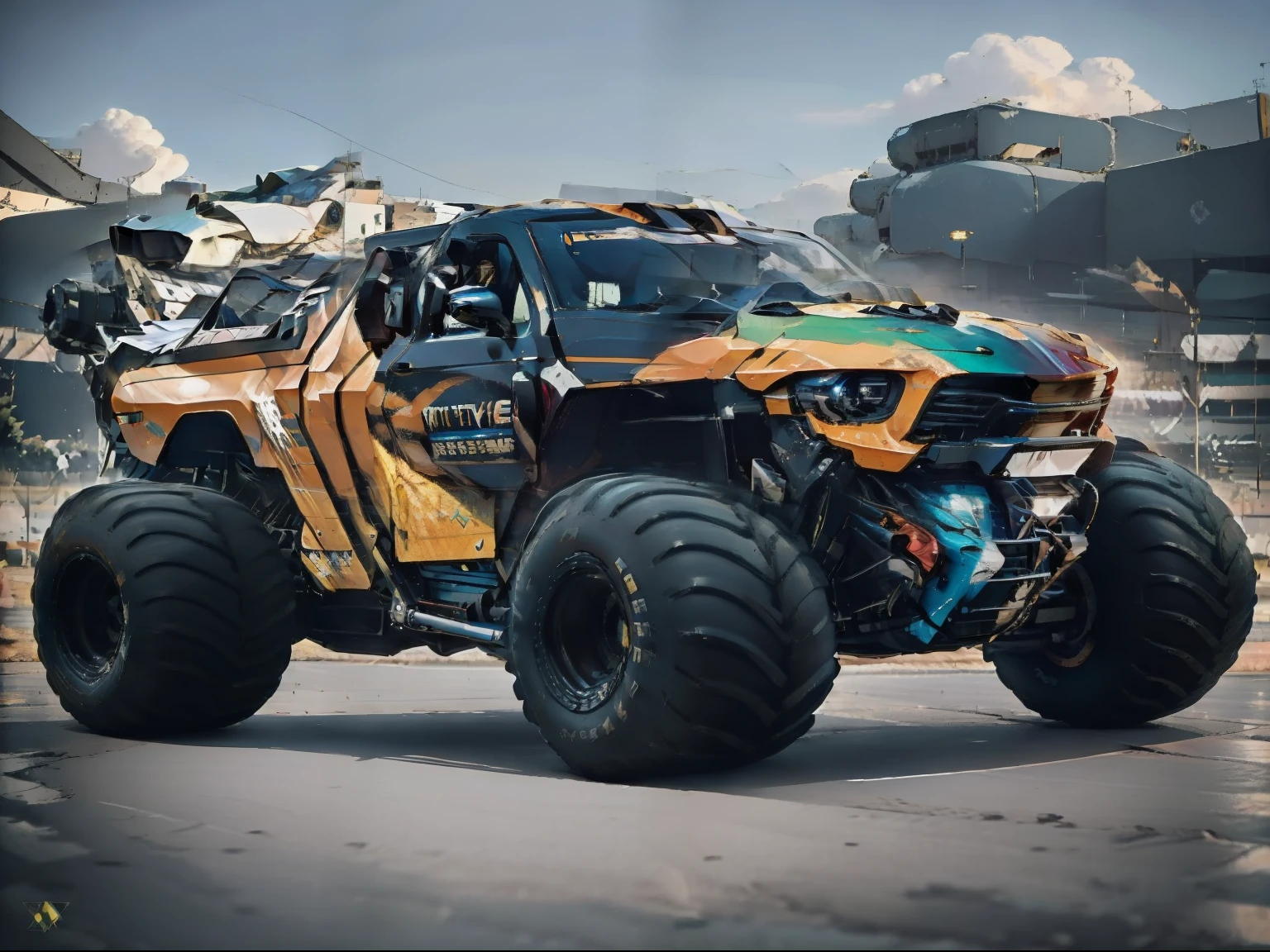carro fusca no estilo monster truck, pneus largos, pitura radical, com um extra terrestre na cena, cores vibrantes, pintura esportiva