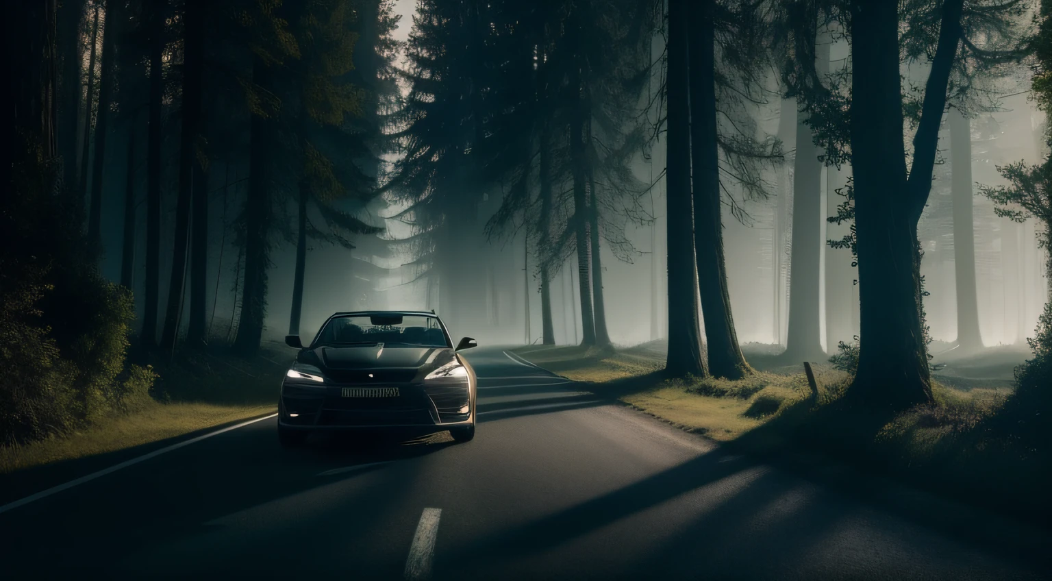Write a chilling horror story set in a dense forest at night, where a modern car embarks on a treacherous journey along a winding road. The forest should be described in eerie detail, with tall trees casting long, twisted shadows that seem to reach out for the car as it passes by. The moonlight should intermittently break through the canopy, creating a haunting play of light and shadow on the road.

Focus on building suspense as the driver navigates through the darkness. Describe the faint whispers of the wind through the trees, the rustling of unseen creatures, and the distant hooting of an owl that adds to the eerie atmosphere. The car's headlights should reveal fleeting glimpses of unsettling shapes and figures at the edge of the road, only to disappear when the light moves on.

As the story progresses, introduce mysterious occurrences: unexplained noises from within the car, sudden drops in temperature, and strange movements in the rearview mirror. Convey the driver's growing unease and paranoia, as the forest seems to close in around them.

Incorporate elements of psychological horror, where the driver's imagination begins to play tricks on them. Shadows could morph into unsettling shapes, and distant sounds could escalate into nightmarish crescendos. Build towards a climax where the car suddenly stalls, leaving the driver stranded in the heart of the forest, surrounded by an overwhelming sense of dread and isolation.

The story should evoke a spine-tingling atmosphere throughout, immersing the reader in the unsettling experience of the car journey through the haunted forest at night.