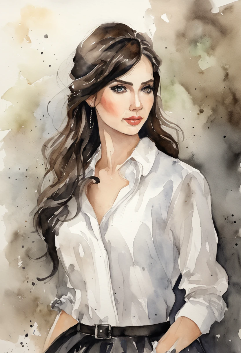 Short brown hair, black eyes, plain white shirt with long sleeves, black bow tie, black skirt, long black knee socks, transparent background, looking at viewer.