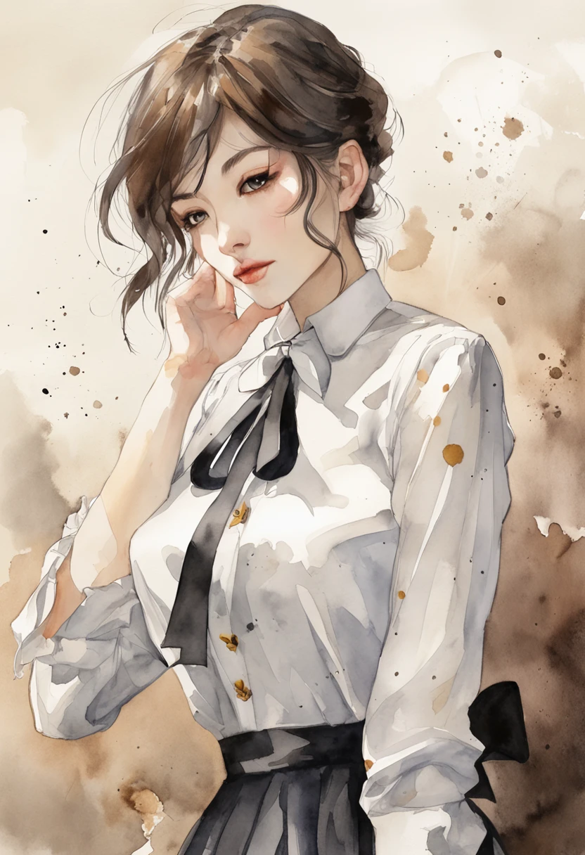 Short brown hair, black eyes, plain white shirt with long sleeves, black bow tie, black skirt, long black knee socks, transparent background, looking at viewer.