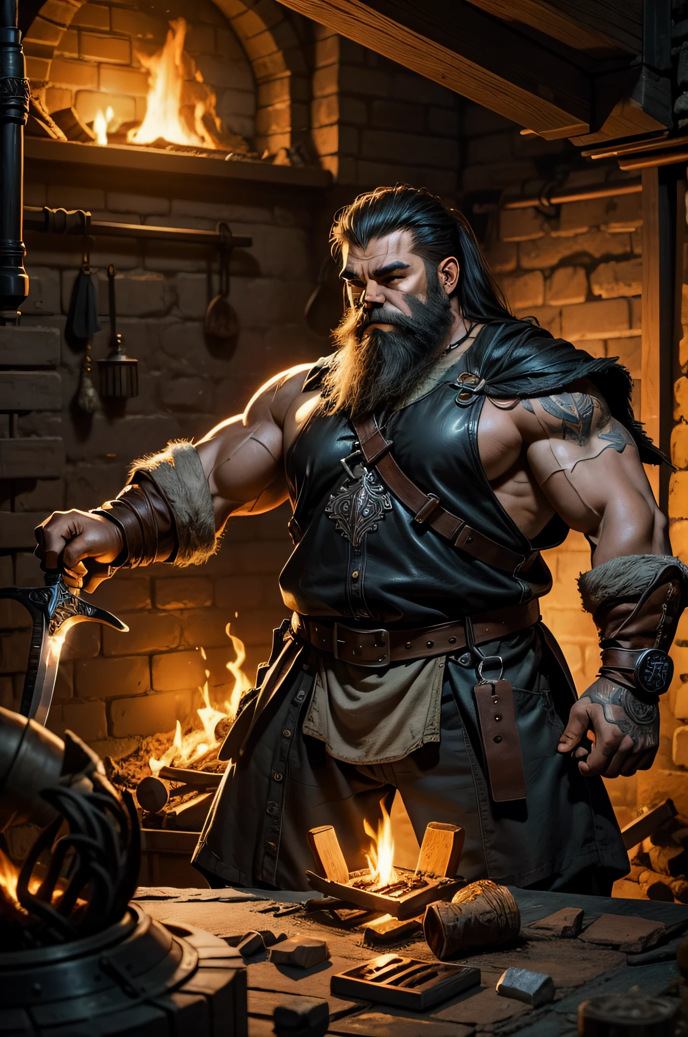 A muscular and bearded RPG dwarf in leather clothes, intently forging a sword in a low-lit underground forge where the heat from the furnace and the bright flames of the fire illuminate his focused expression.