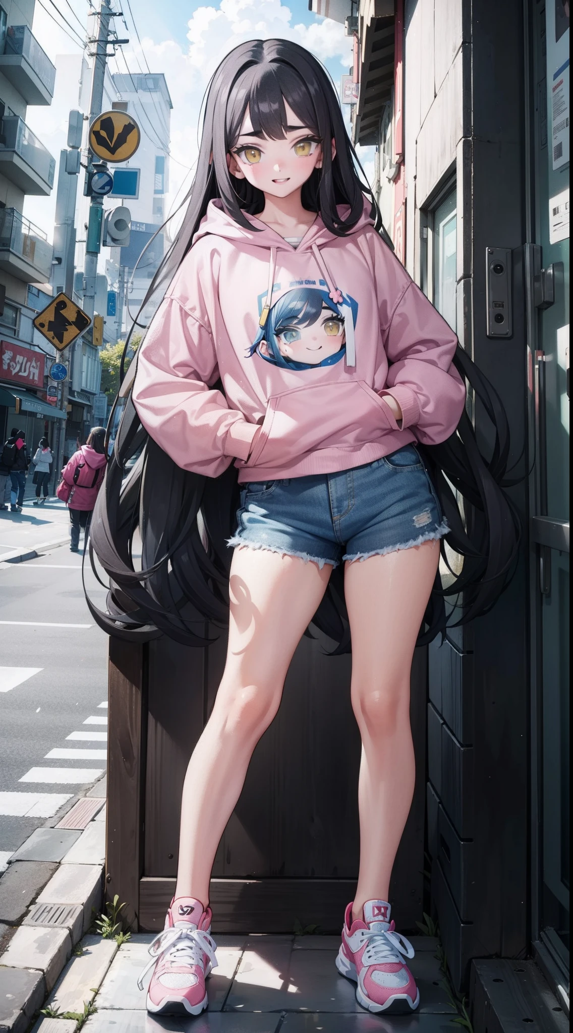 Teenager,pink hoodie,blue shorts,white sneakers,girl,vlogger,smiling,yellow eyes,black long straight hair,standing,simple,