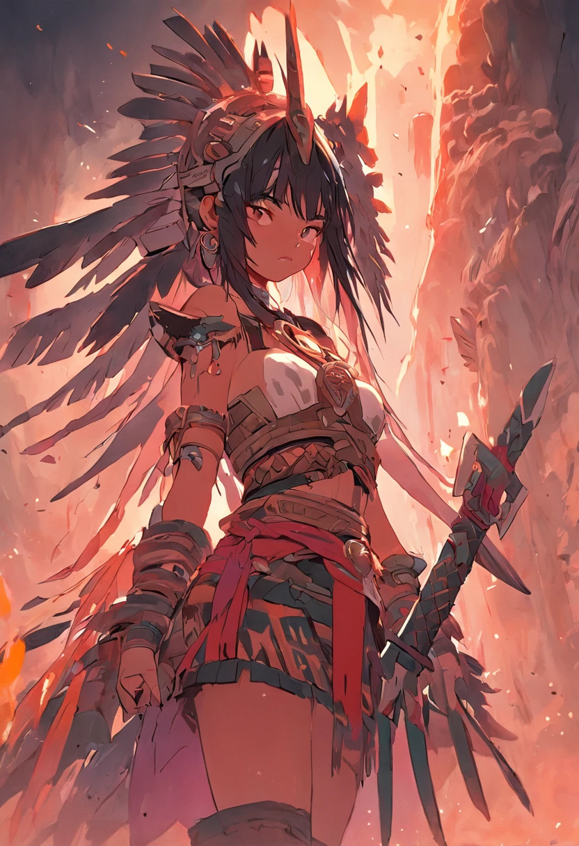 Aztec princess doll, barbarian warrior woman, en un disfraz con plumas en la cabeza, con cuchillo ceremonial en la mano, muchas llamas y humo, diente,en fondo un templo azteca medio destruido humeante, Destacado en CG Society, Realistic fantasy art, Vibrante color profundo y rico, Motor irreal, Greg Rutkowski, loish, Rhads, Beeple, Makoto Shinkai y Lois Van Baarle, Ilya Kuvshinov, RossDrew, Tom Bagshaw, Alphonse Mucha, global ilumination, Entorno detallado e intrincado