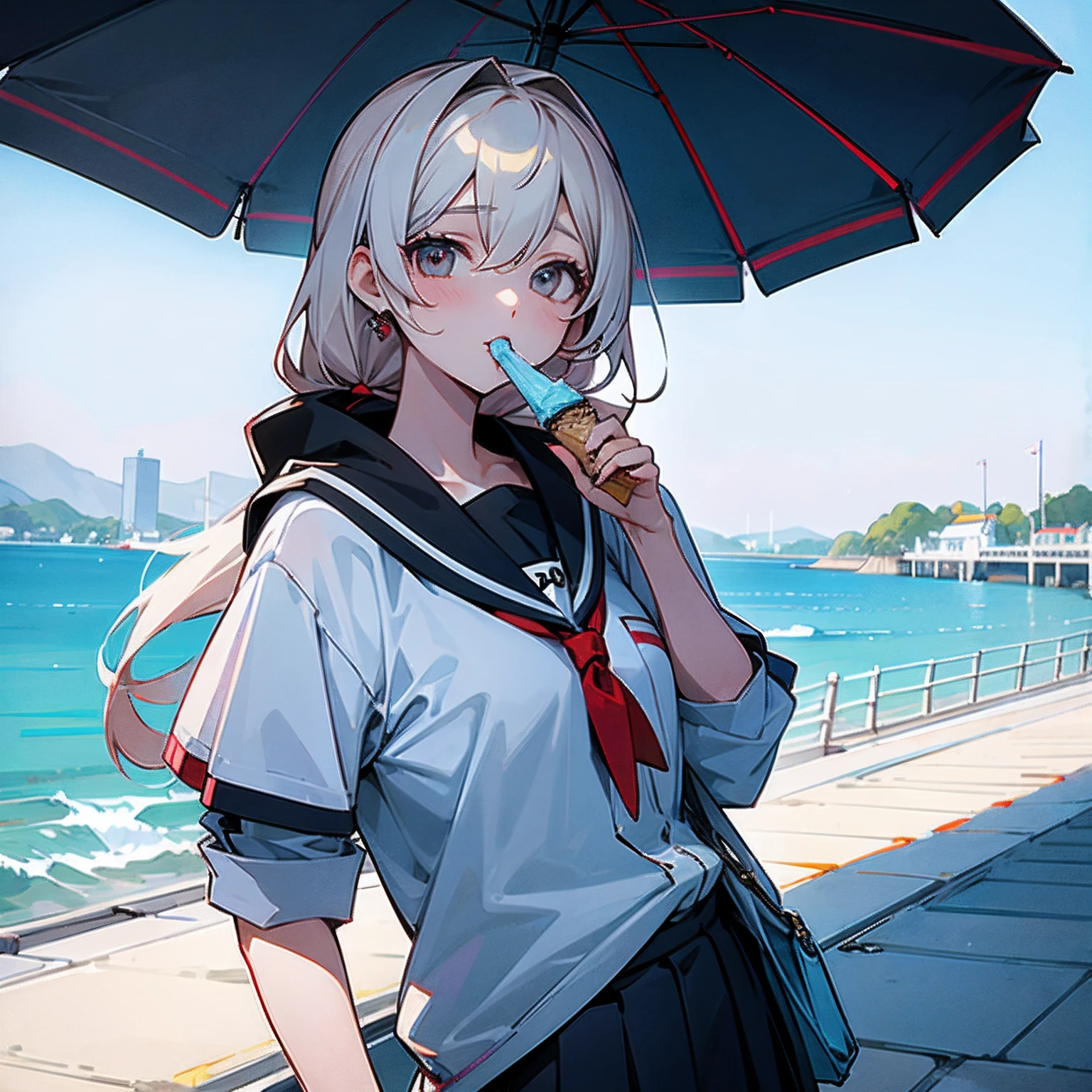 "1 adorable and stunning girl with a Hiyakasudere personality enjoying an ice-cream in a unique setting."