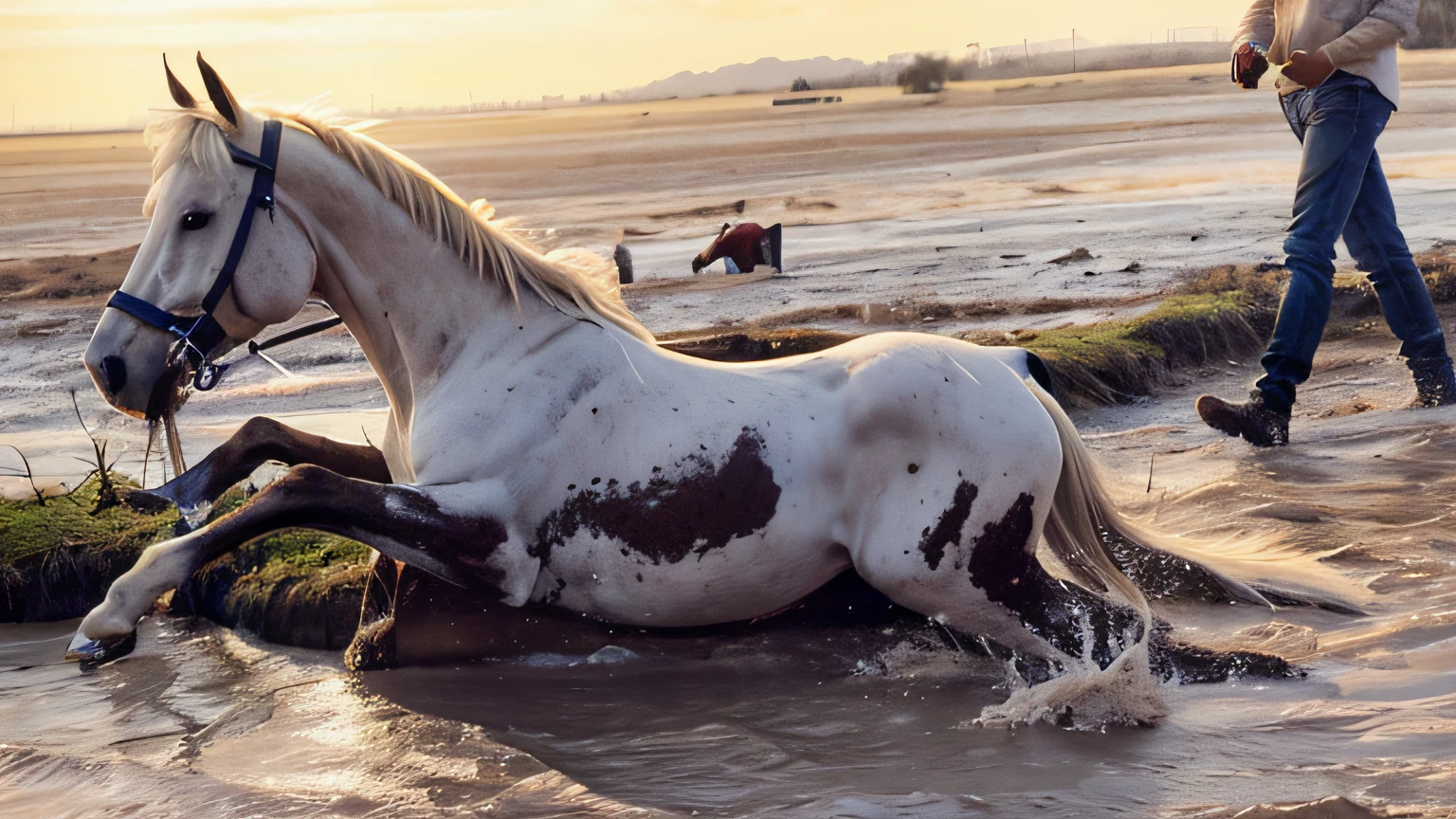 horses are walking in the water with a man walking behind them, laying down of horses, encalhe em linha reta, morning hard light, tirada na hora dourada, fotografia equina, encalhe, morning golden hour, olhando parcialmente para a esquerda, cavalo no topo, vista deslumbrante, mid morning lighting, pony, bela cena, cena maravilhosa, belo tiro, bottom angle, coberto de lama