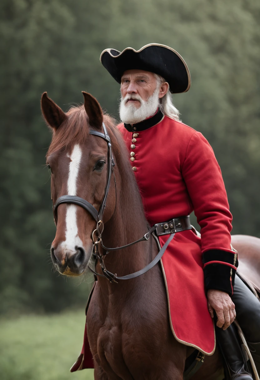 Real Scene. Super realistic, 8K, deep dark background, A man with a white beard,Wearing a red coat,mounted on a horse, full body portrait shot, , height is 180 cm, , wearing boots, marketing photo。