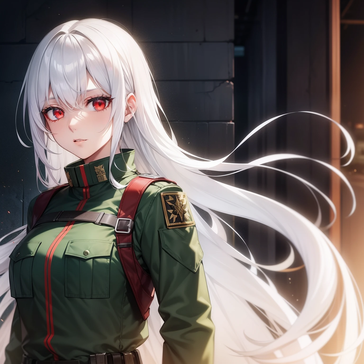 Woman, white hair, red eyes, green military uniform, bullet proof vest, military, 20 years old