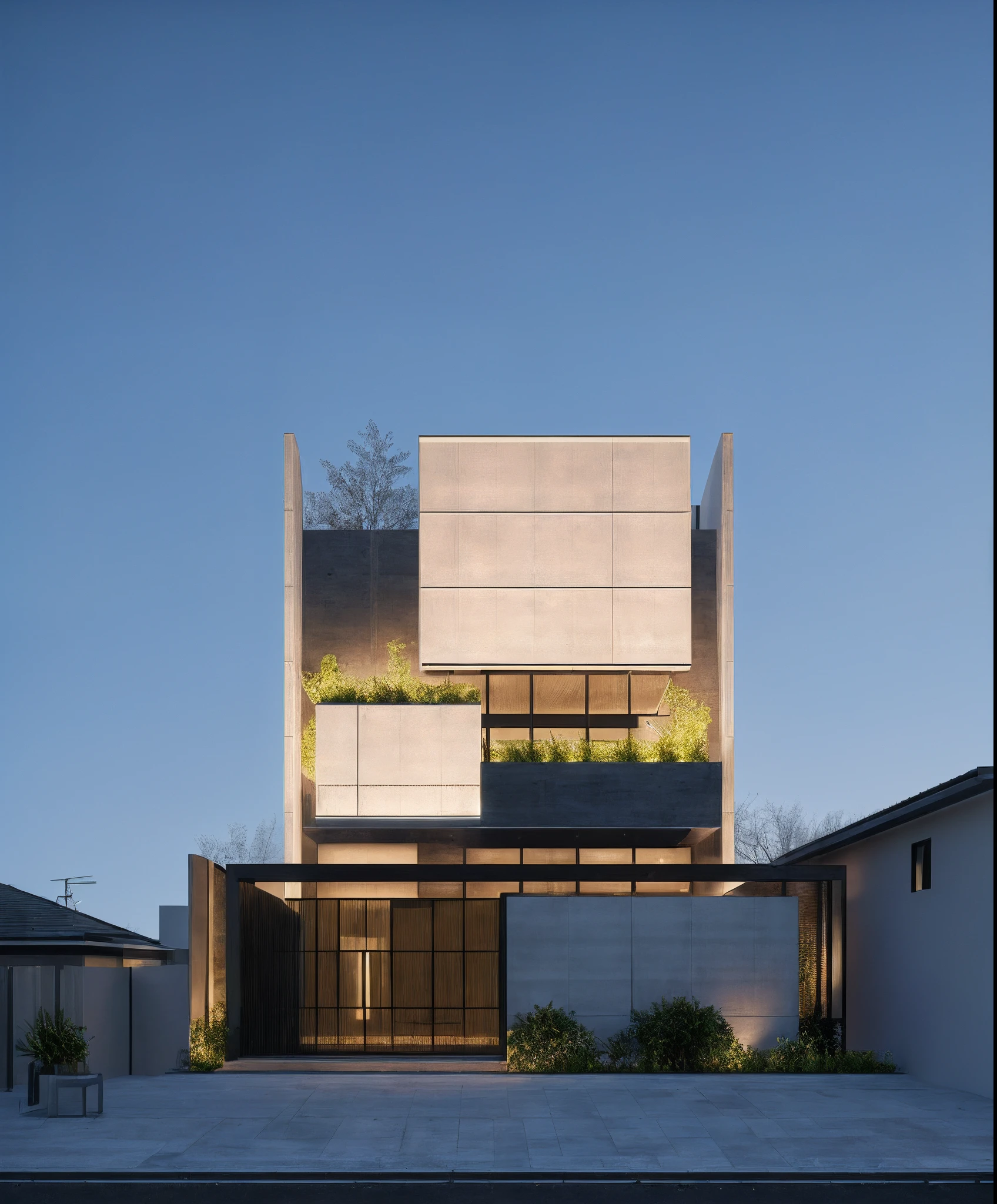 (RAW photo, real, best quality, masterpiece:1.2), (hyper realistic, photo-realistic:1.2), high quality, (daylight:1.2), perfect lighting, sunset shimering inviroment render, hyper detail, DAYLIGHT:1.4
morden house, ((morden minimalist house:1.3))), steel modern gate, dynamicneon light,