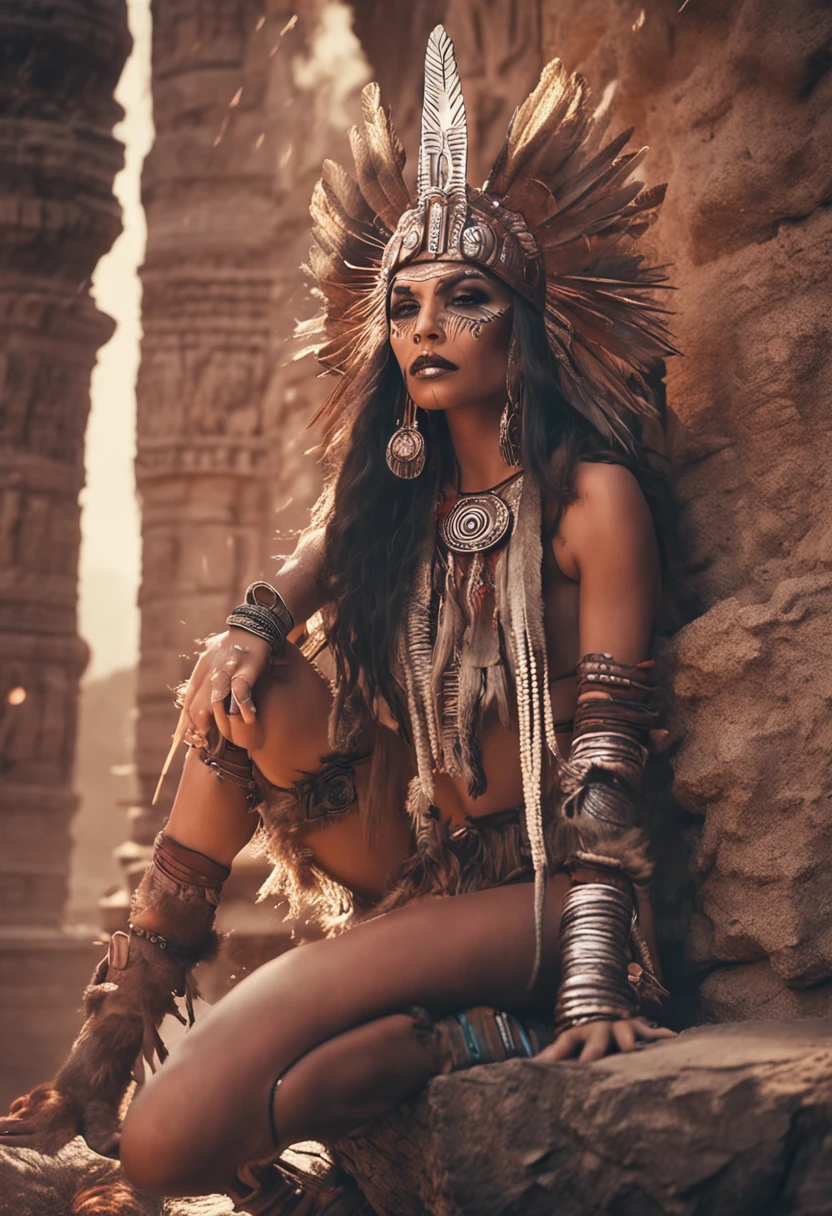 Aztec princess doll, barbarian warrior woman, en un disfraz con plumas en la cabeza, con cuchillo ceremonial en la mano, muchas llamas y humo, diente,en fondo un templo azteca medio destruido humeante, Destacado en CG Society, Realistic fantasy art, Vibrante color profundo y rico, Motor irreal, Greg Rutkowski, loish, Rhads, Beeple, Makoto Shinkai y Lois Van Baarle, Ilya Kuvshinov, RossDrew, Tom Bagshaw, Alphonse Mucha, global ilumination, Entorno detallado e intrincado