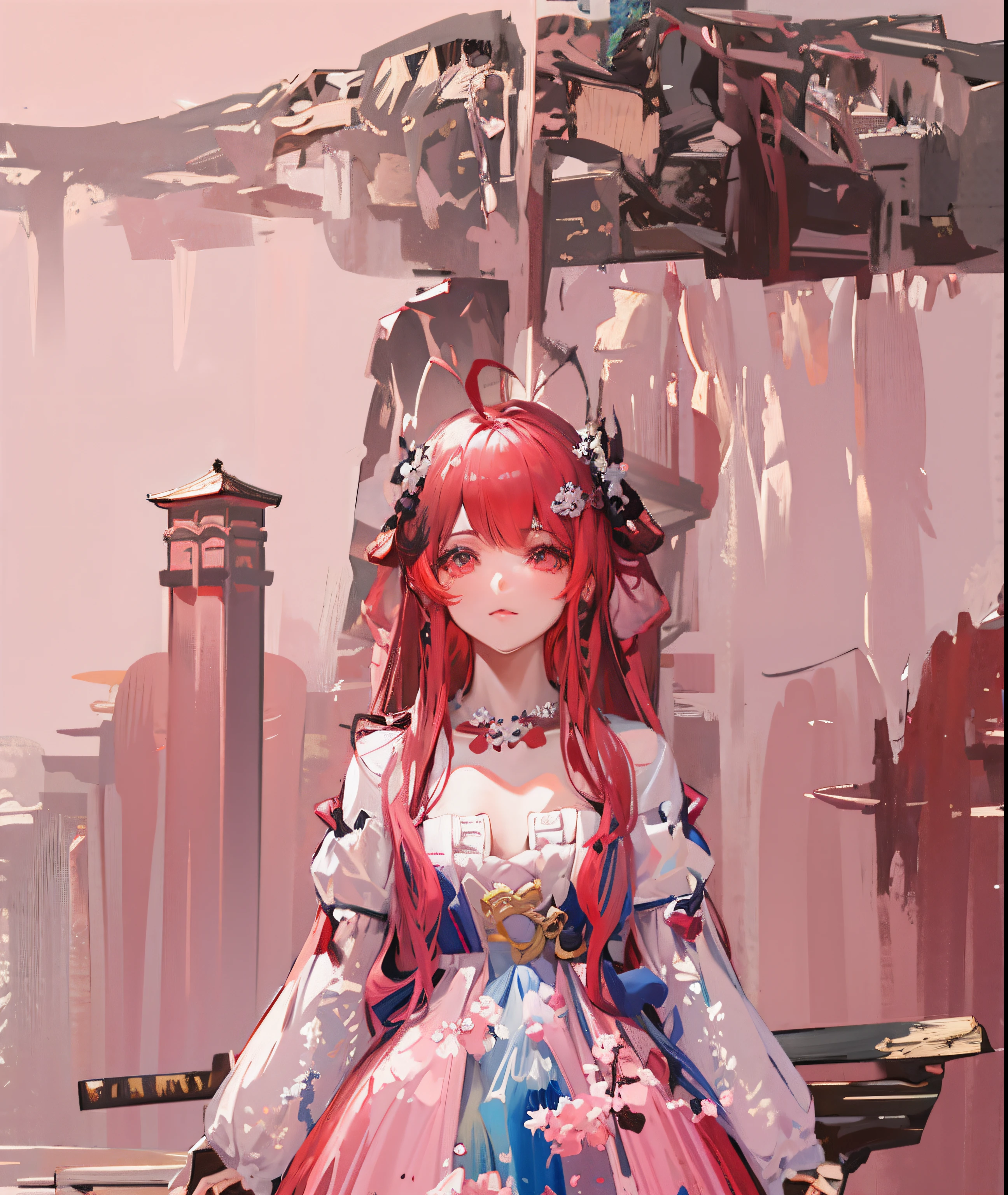 On the dock stood a woman in a pink dress, pink twintail hair and cyan eyes, Palace , A girl in Hanfu, hime-cut, a beautiful fantasy empress, inspired by Lü Ji, Inspired by Lan Ying, 8K!!, Inspired by Dai Xi, Red long-haired, pale red, 8K octave rendered photos