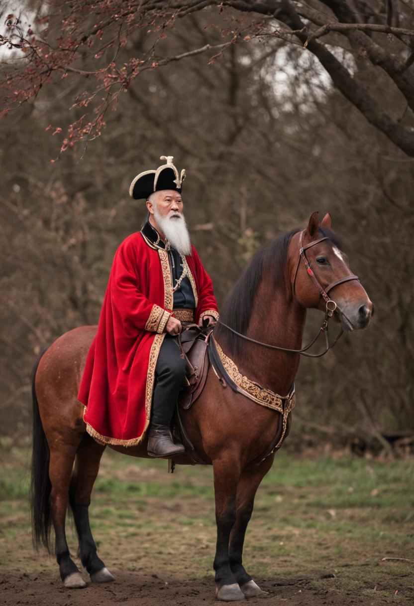 Real Scene. Super realistic, 8K, deep dark background, A Chinese man with a white beard,Wearing a red coat,mounted on a horse, full body portrait shot, , height is 180 cm, , wearing boots, marketing photo。