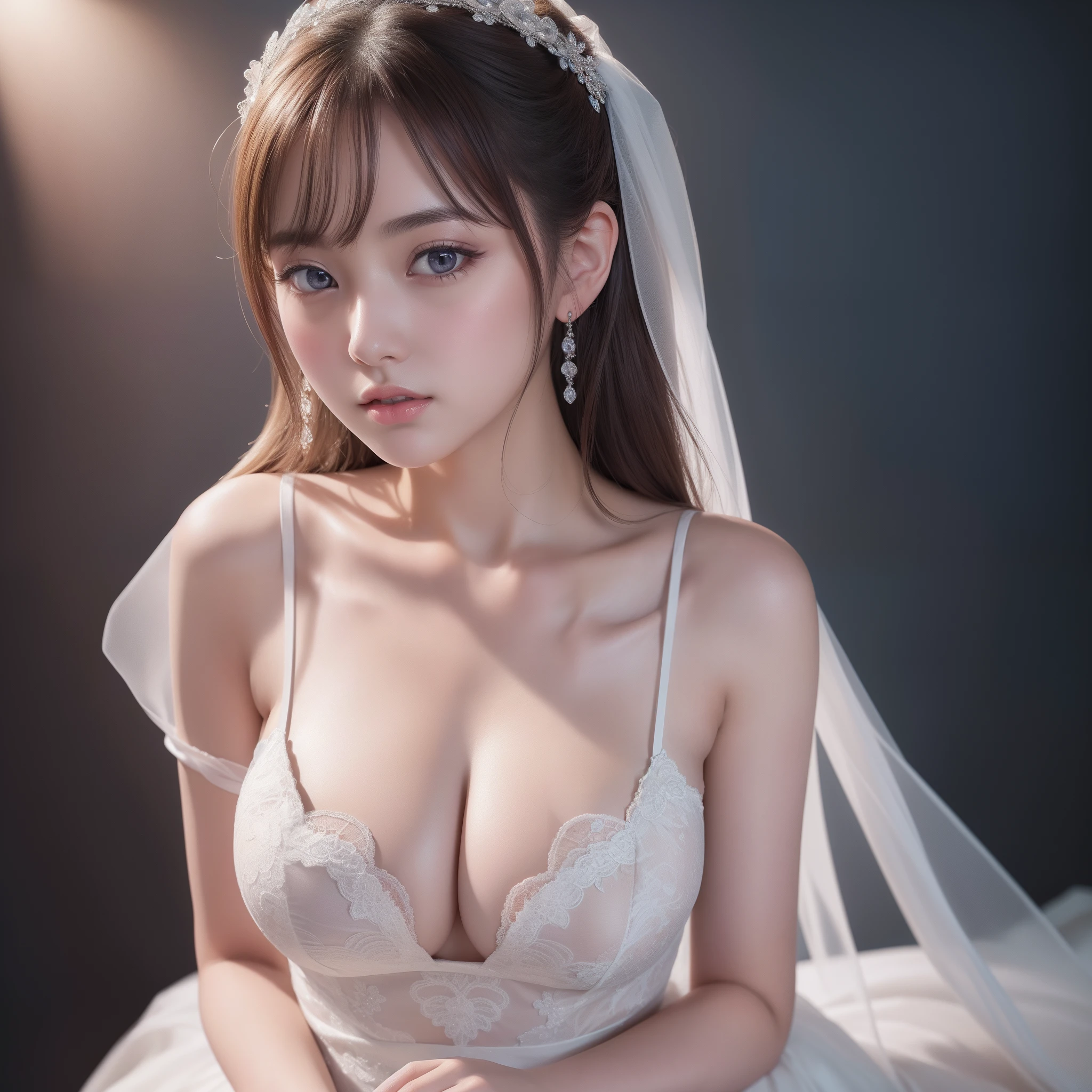 Highly detailed CG Unity 8k wallpaper, top quality, super detailed, masterpiece, realistic, photorealistic, highly detailed cute girl, (25 years old), blush, round eyes, medium breasts, semi-body shot, white wedding dress, cleavage, tilting the neck, looking up