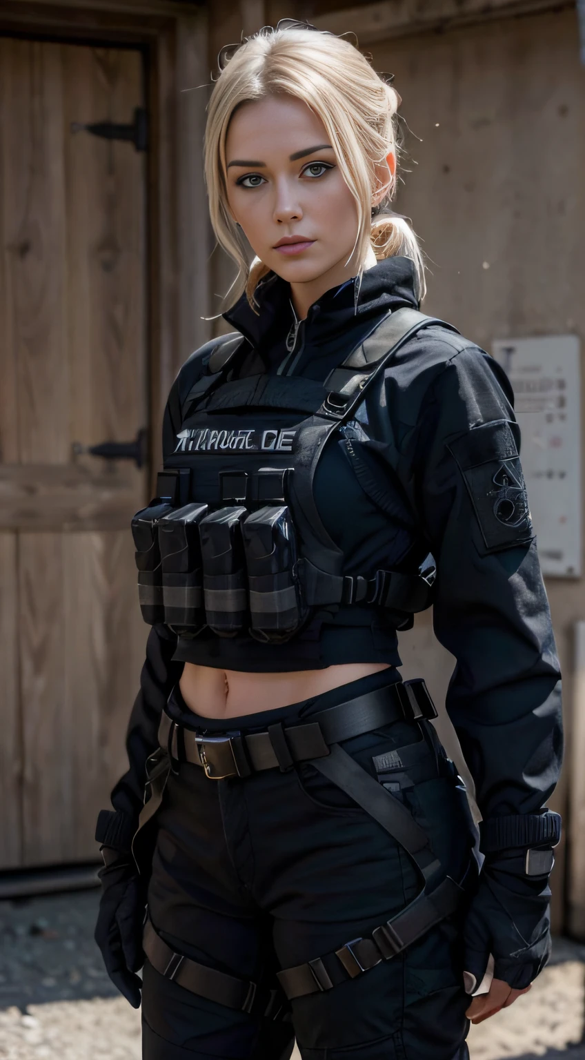 Eine attraktive junge frau mit blonden haaren, blaue augen, handsome face, versauter blick, sexy, sexy kleidung, sexy gesichtsausdruck, Technische Bekleidung, Tactical attrition, Tacticool, Meisterwerk, Perfect full-body shot, High resolution and sharpness, Kreative und ausdrucksstarke Beleuchtung, Lebendige und stimmungsvolle Farben, Detailed and surprising textures, Atemberaubende Augendetails, Innovative und gewagte Komposition, Surprising and captivating perspective, Artistic fidelity and precision, Kreativer und effektiver Ansatz, Gut kontrollierte und ausdrucksstarke Belichtung, Surprising originality and creativity, Captivating emotionality and narrative, Kreativer Umgang mit Licht und Schatten, Capture unique and surprising moments, Einwandfreie technische Kompetenz, Harmonische klangliche Ausgewogenheit, Akribische Sorgfalt bis ins Detail, Realistic and expressive portraits, Meisterhafter Einsatz von Farben, to create unique atmospheres, Beeindruckende visuelle Wirkung.