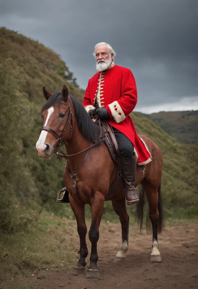 Real Scene. Super realistic, 8K, deep dark background, A man with a white beard,Wearing a red coat，mounted on a horse, full body portrait shot, , height is 180 cm, , wearing boots, marketing photo。