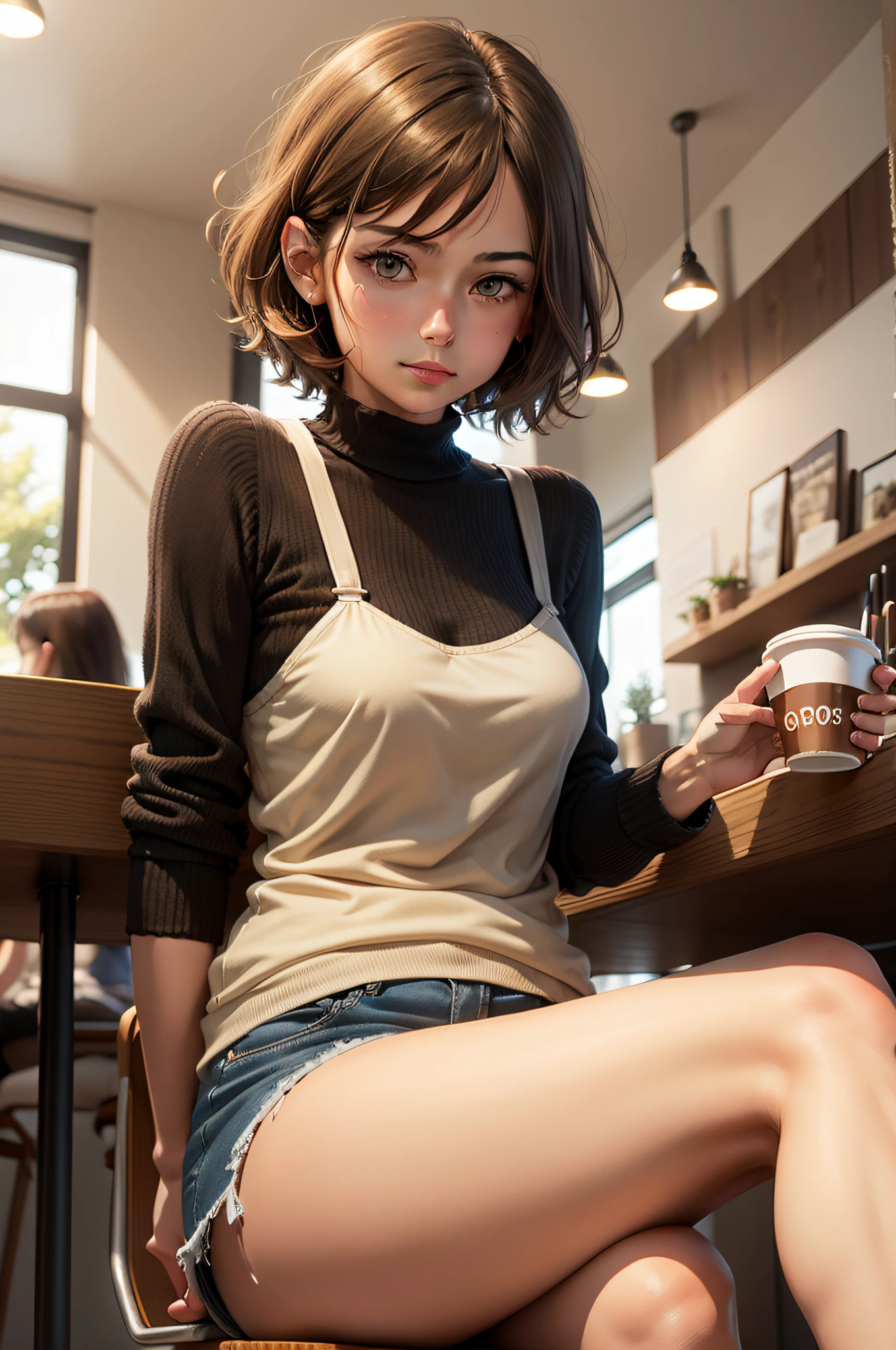 Combined with training draw a girl with short brown hair sitting in a coffee shop with coffee in one hand and a cell phone in the other