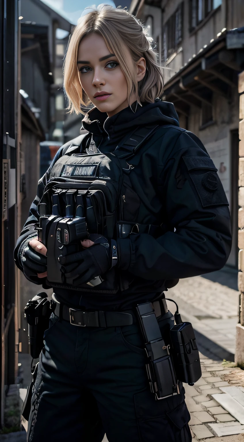 Eine attraktive junge frau mit blonden haaren, blaue augen, handsome face, versauter blick, sexy, sexy kleidung, sexy gesichtsausdruck, Technische Bekleidung, Tactical attrition, Tacticool, Meisterwerk, Perfect full-body shot, High resolution and sharpness, Kreative und ausdrucksstarke Beleuchtung, Lebendige und stimmungsvolle Farben, Detailed and surprising textures, Atemberaubende Augendetails, Innovative und gewagte Komposition, Surprising and captivating perspective, Artistic fidelity and precision, Kreativer und effektiver Ansatz, Gut kontrollierte und ausdrucksstarke Belichtung, Surprising originality and creativity, Captivating emotionality and narrative, Kreativer Umgang mit Licht und Schatten, Capture unique and surprising moments, Einwandfreie technische Kompetenz, Harmonische klangliche Ausgewogenheit, Akribische Sorgfalt bis ins Detail, Realistic and expressive portraits, Meisterhafter Einsatz von Farben, to create unique atmospheres, Beeindruckende visuelle Wirkung.