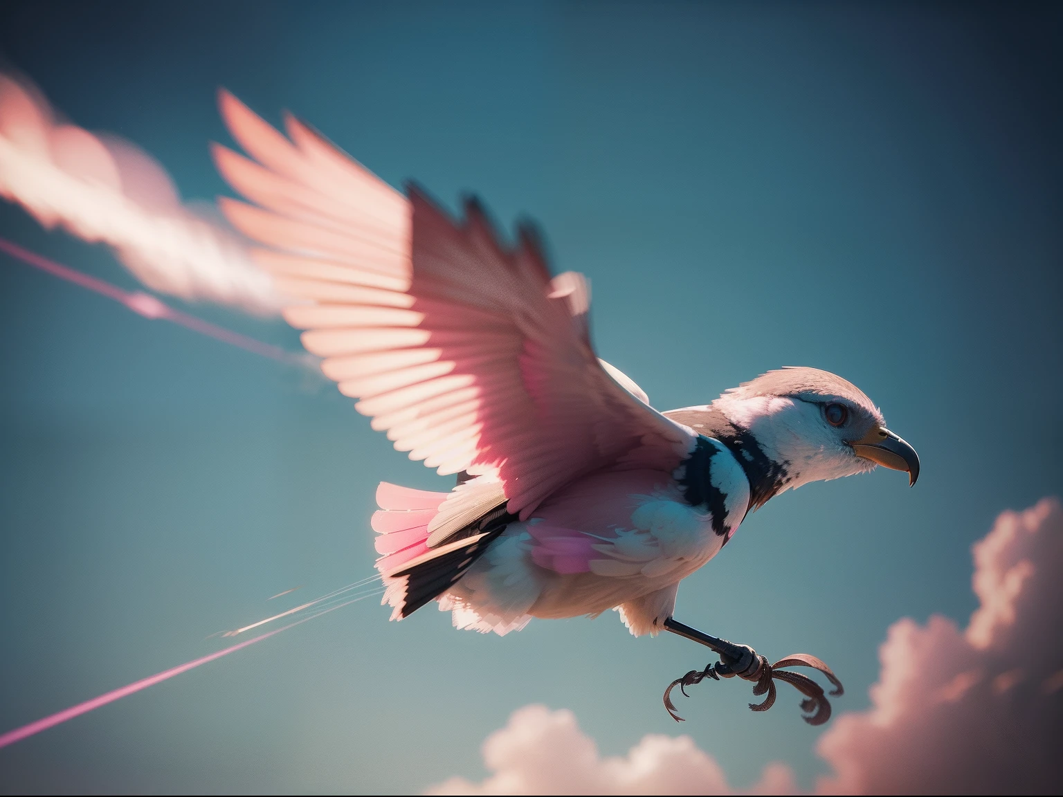A bird in the sky is flying fast through motion, motion blur, Graflex Speed Graphic, brushwork exploration, Kodak Ektachrome, pink lighting, spontaneous marks, shot on Kodak Ektachrome:0.6, style raw
