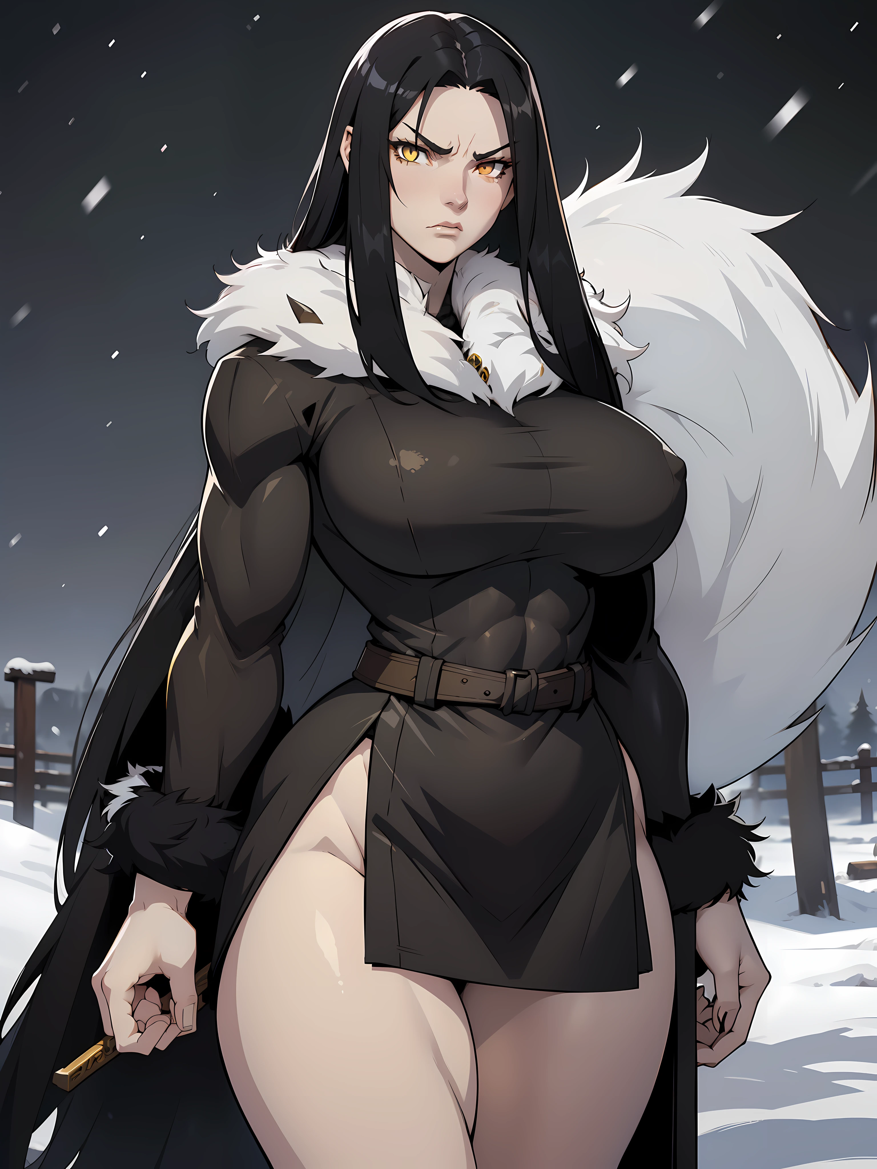 (1girl), black hair, extremely long hair, yellow eyes, (((muscular))), huge breasts, thick thighs, solo, angry, (pale skin), cowboy shot, (fur trim coat), snow, fur trim clothes