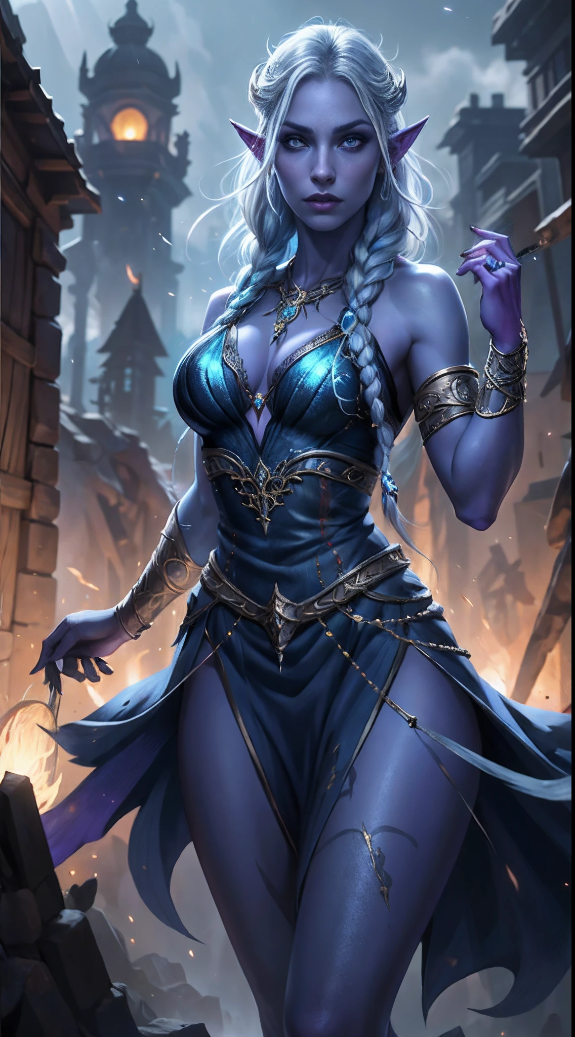 1girl, drow sexy, pele roxo-azul escura, long and elaborate braids of pale silver, ((Olhos vermelhos)), jewelries, orelhas de elfo, brincos, ((vestido sexy feiticeira branca)), ((maneja a equipe)), ((Cast light magic)), on a roof of skyscrapers, atletic, Volumetric lighting, best quality, master part, Realistic, anatomicamente correto, (Strong cinematic lighting), detalhes impressionantes, detalhes intrincados, 8K post-production, high resolution, super detalhes, trending on ArtStation, foco nítido, profundidade de campo f/1.8, studio photos, (((Looking at camera))), game street figther, Warcraft,