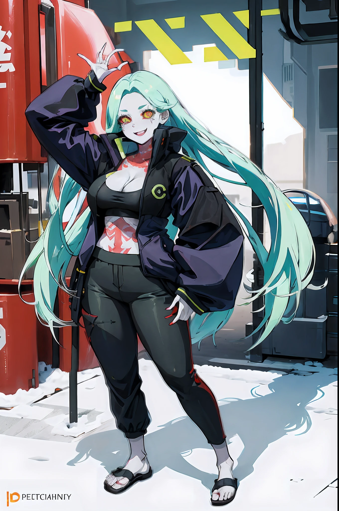 masterpiece, best quality, highres, 1girl, rebecca \(cyberpunk\), solo, long hair, mechanical eye, colored sclera, red sclera, colored skin, white skin, leg tattoo, neck tattoo, green hair, long hair, small breasts,, fang, red pupils, skin fang, red eyes, black jacket, standing, field,huge breast, tallgirl, long skirt, pullover, vest,, flipflops, standing, curvy,pants, full body, smile