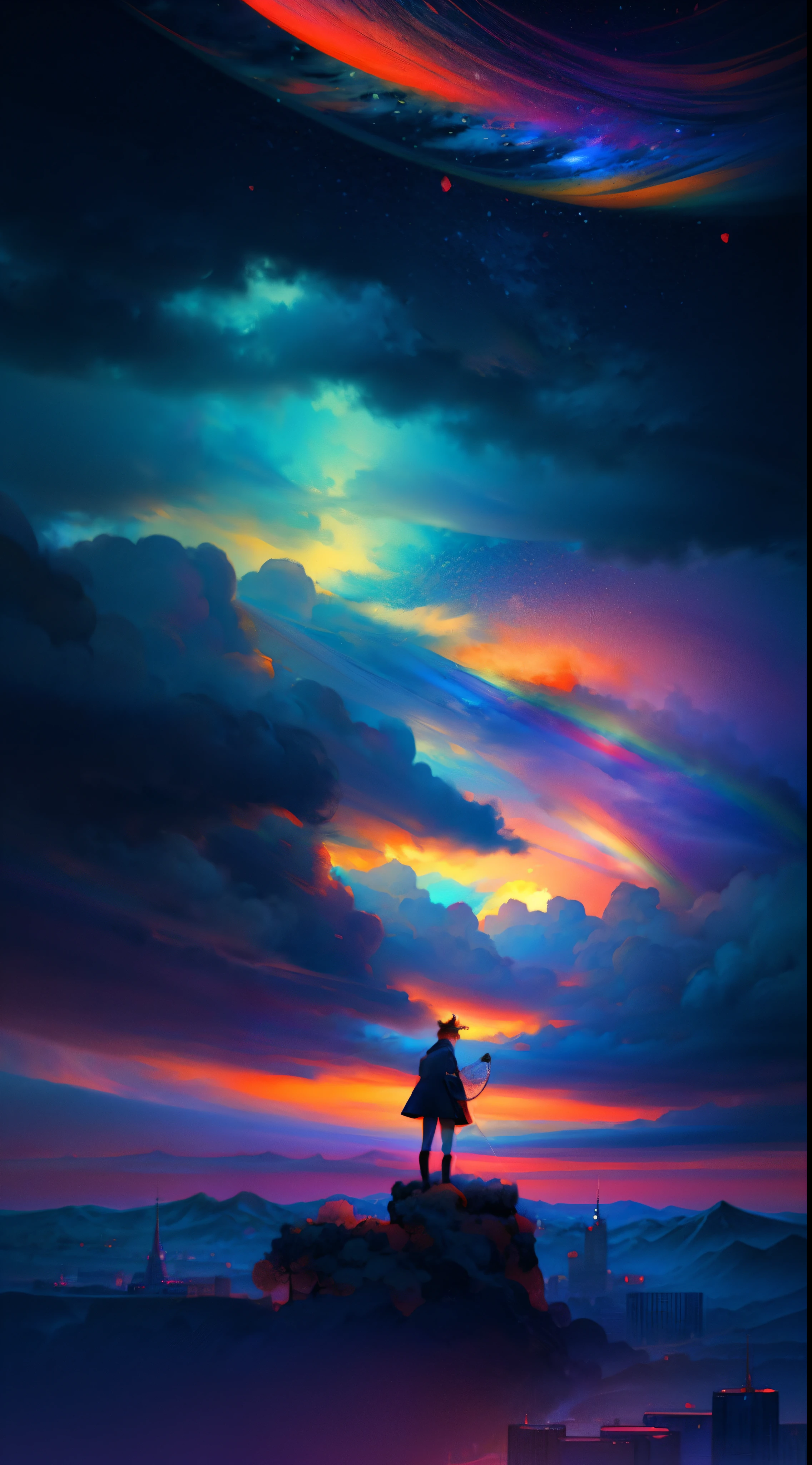 ((Rainbow Daytime Sky))、Anime girl looking at big city landscape,Near Future City、 makoto shinkai cyril rolando, anime art wallpaper 4k, anime art wallpaper 4k, Anime art wallpaper 8k, inspired by Cyril Rolando, in the style dan mumford artwork, amazing wallpapers, by Yuumei