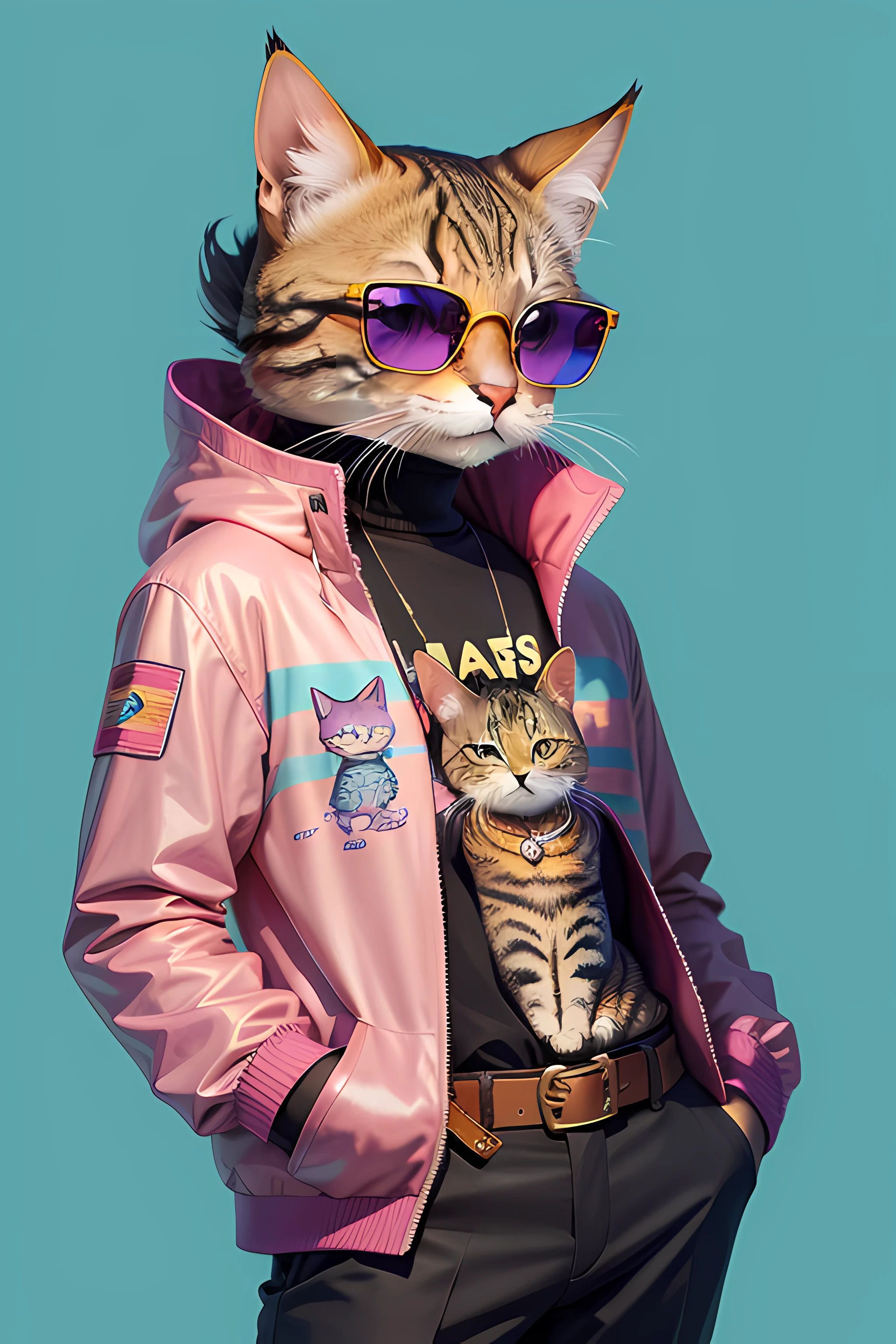 brightly colored cat wearing sunglasses and a jacket, estilo de arte vetorial, in illustration style digital, olhando heckin legal e elegante, design do gato, Artista peludo, awesome cat, liquid cat, arte vibrante dos desenhos animados, arte HD, Estilo Lisa Frank, Fursona usando roupas estilosas, Arte peluda, Arte de Alessandro Pautasso, anthropomorphic cat, fantastic artstyle
