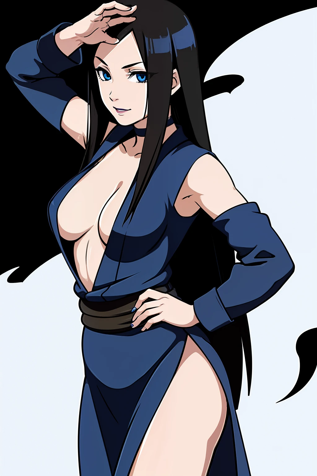 Female character with long black hair, open forehead , Haku Yuki, Without bangs , blue eyes ,Mature female character , Average Breasts, , seductive face, blue lipstick, Cateye Makeup, Shades of makeup