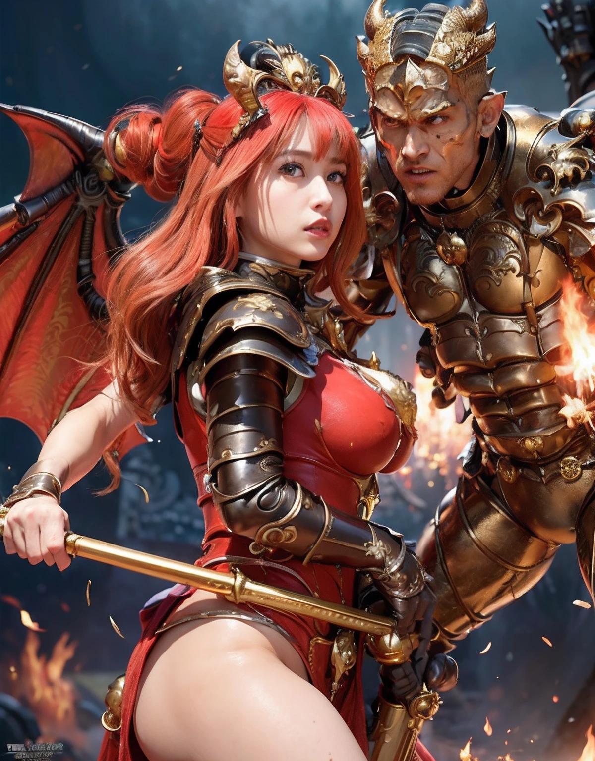 Professional , masterpiece、top-quality、photos realistic , depth of fields 、(Dragon Red Metal Body:1.9),(Enamel Red、(cleavage of the breast)、Dragon Gold Weapon、(Red Micro Bikini Armor:1.4),Gorgeous gold weapons ,(( Dragon's dense and gorgeous sword)) , (demonic wings)、((a blond))、(Castle background)、((Gangle's forest background))、((Fight dragons))、Beautiful Caucasian beauty、1a person、dynamic ungle,(((Detailed and ornate dragon helmet)))、Smaller head、A smile、Castle background、Thin and beautiful female hands、cleavage of the breast、Soldier in iron armor on background、Mystical expression、Light Effects、intense fighting、Wind-effect、magic circles、With the legendary magic wand、Dragon's tail、explosions、