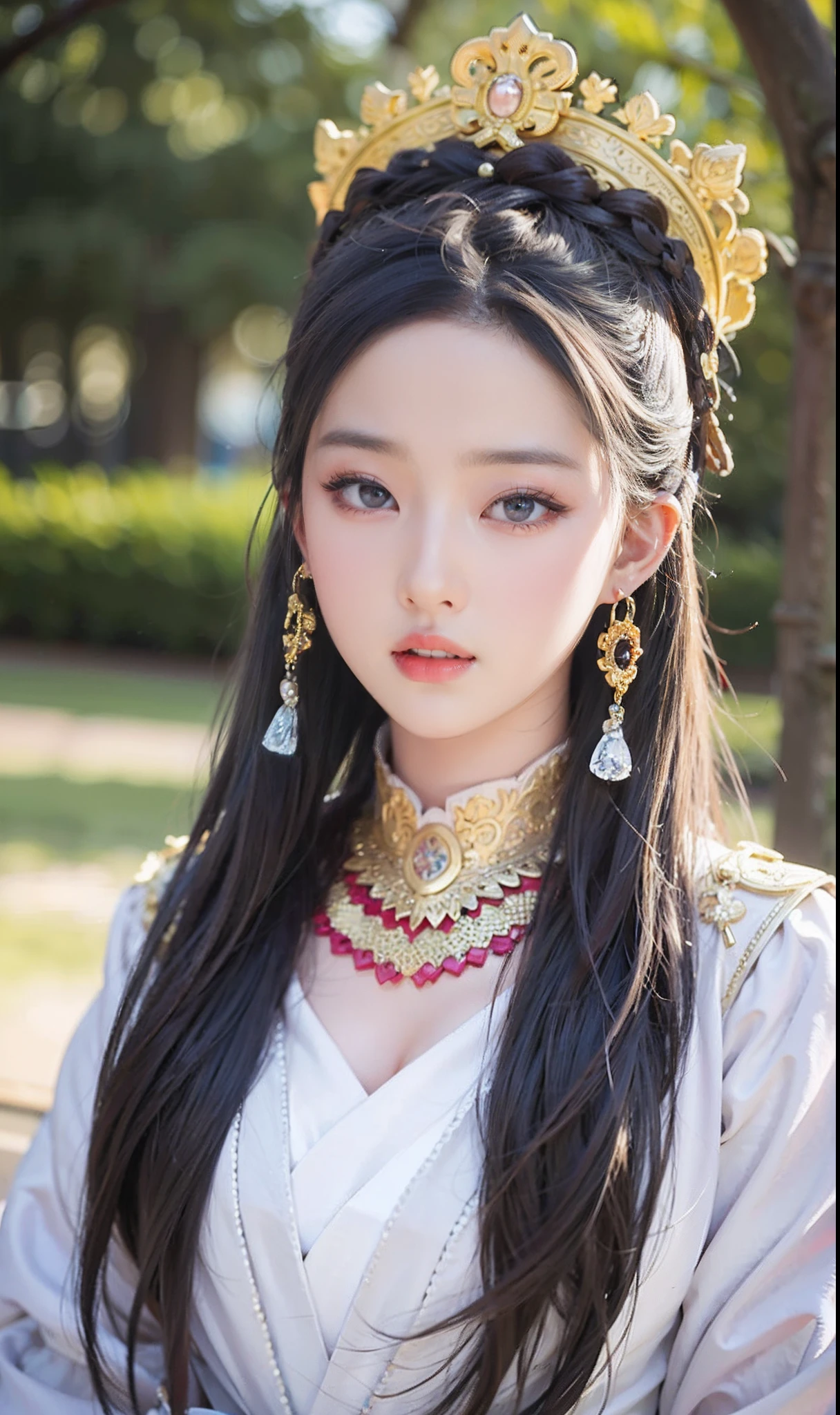 Close-up of a woman in a white dress and a golden crown, palace , A girl in Hanfu, Traditional beauty, closeup cleavage,Liu Yifei