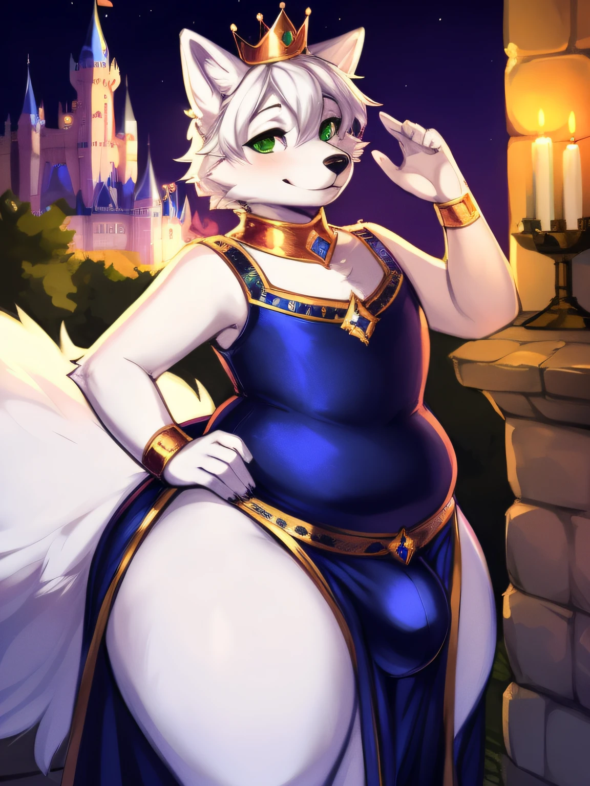 by zackary911,zackary911, arctic fox, anthro, castle background, prince, crown, chubby, blue royal outfit, green eyes , curvy thighs, huge thighs, big butt, femboy, big tail, clothed, blue royal gown, hand on hip, night, homosexuality, bulge