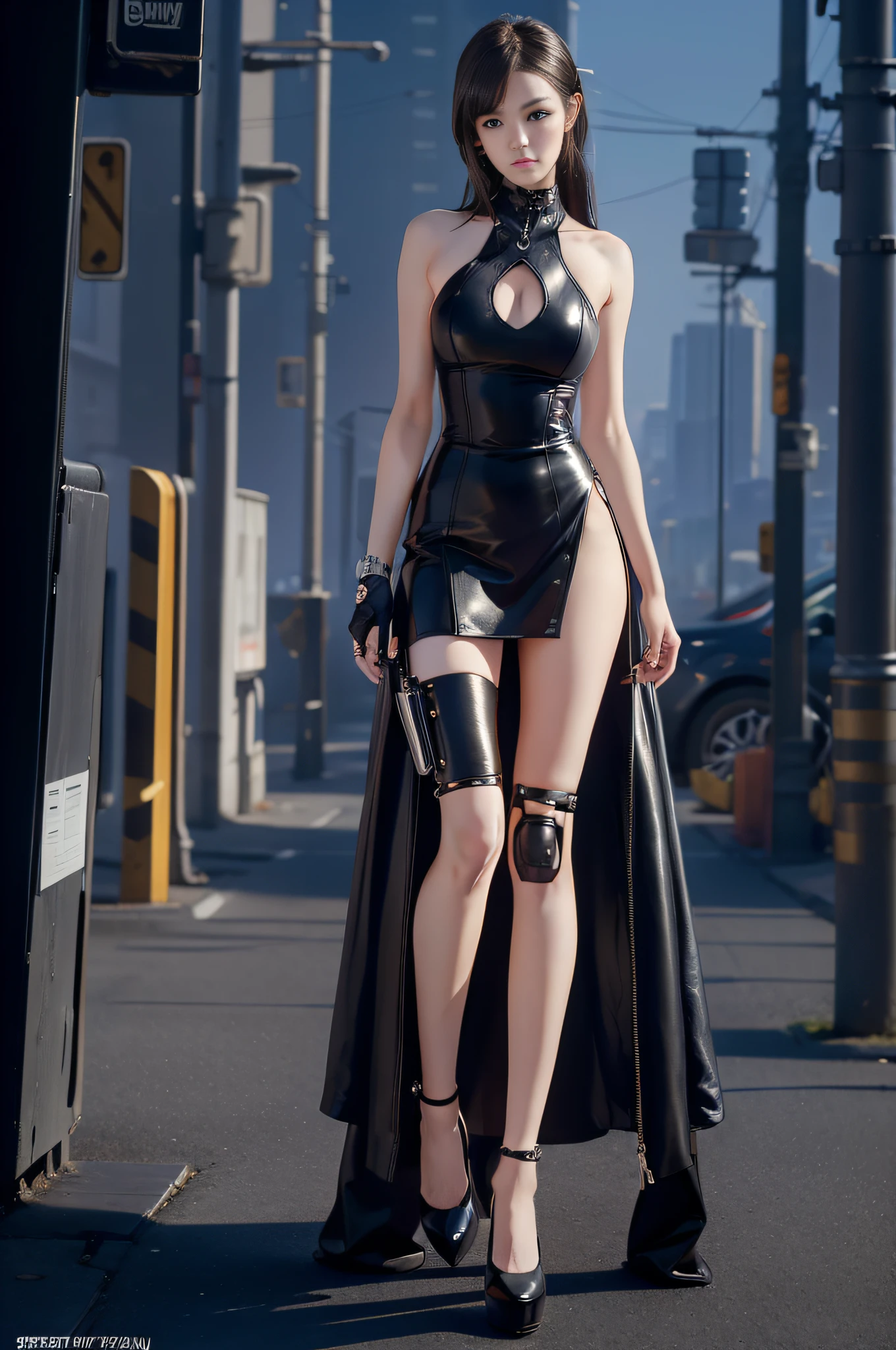 ((Masterpiece, art, detailed face, detailed background, Full body)) Cute and Elegant cyborg girl leaning on motorcycle, nice leg, high heel, dramatically standing, cyberpunk theme