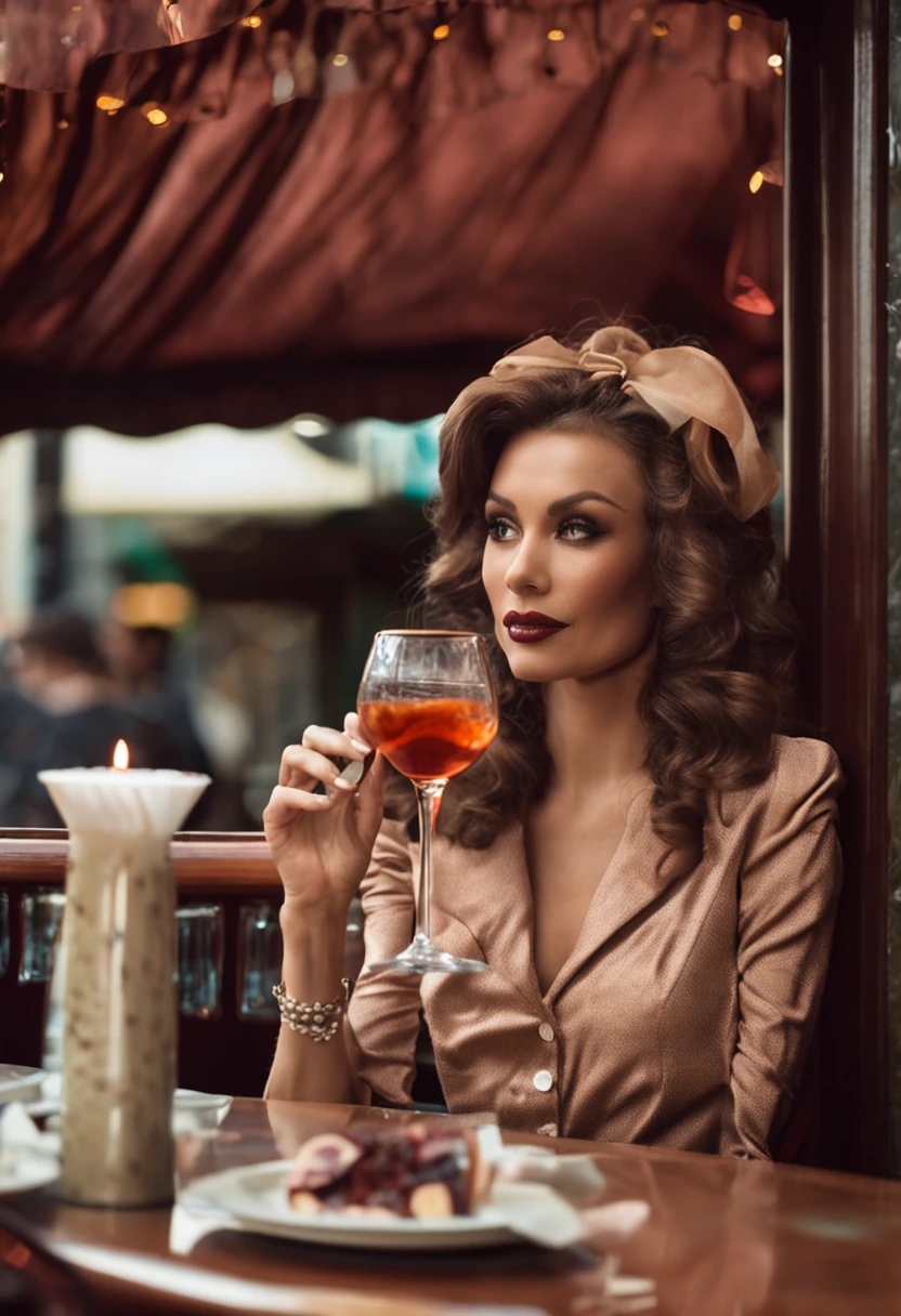 a woman holding a glass of wine as she poses at a restaurant by a restaurant window, in the style of dollcore, light brown and black, twisted, photo taken with provia, angelcore, hollywood glamour, barbiecore --ar 51:64