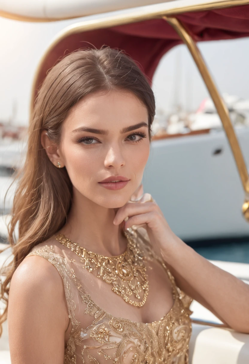 beatiful rich female model on luxury yacht, dubai style, versace