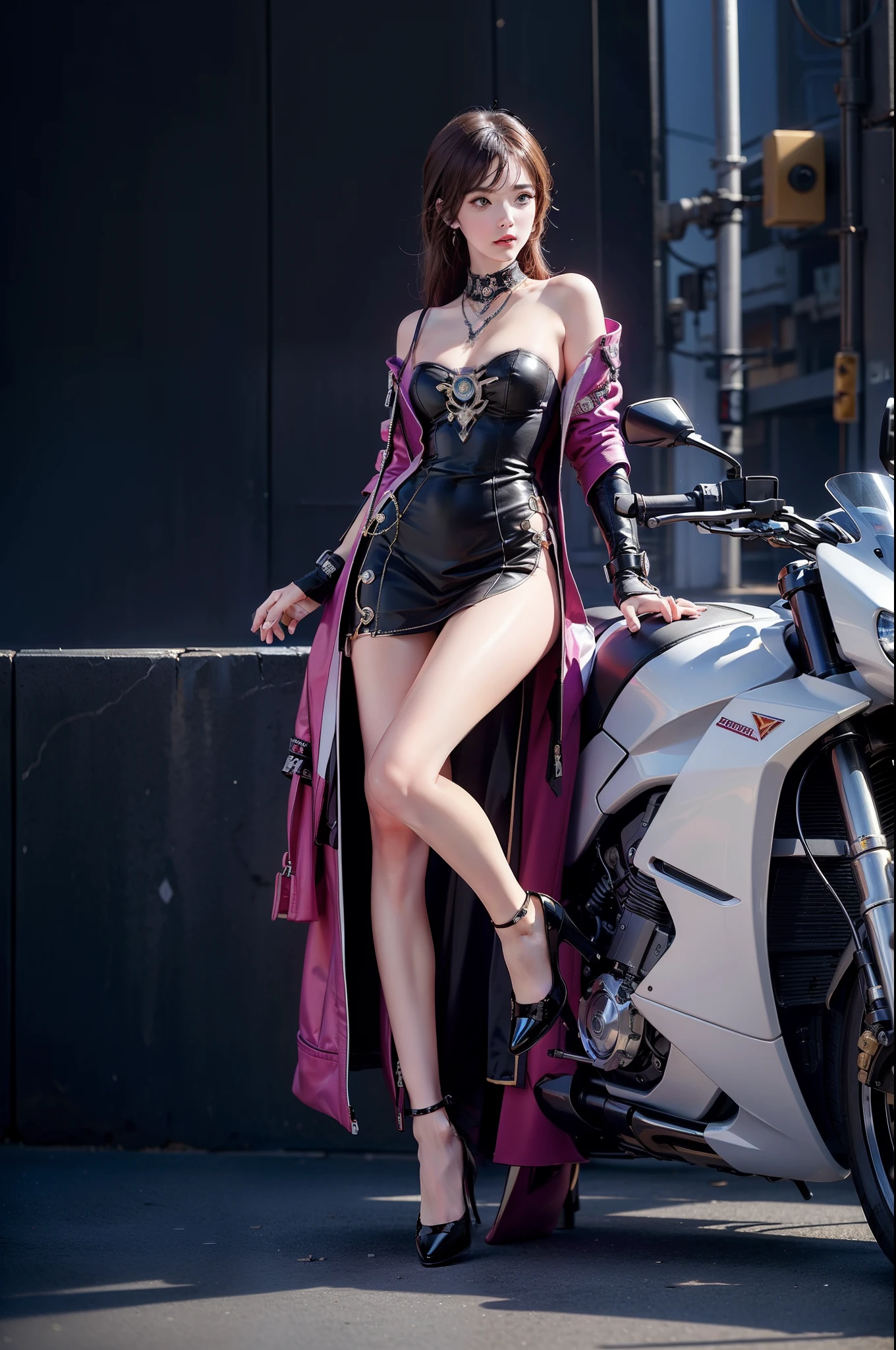 ((Masterpiece, art, detailed face, detailed background, Full body)) Cute and Elegant robot girl leaning on motorcycle, nice leg, high heel, dramatically standing, cyberpunk theme