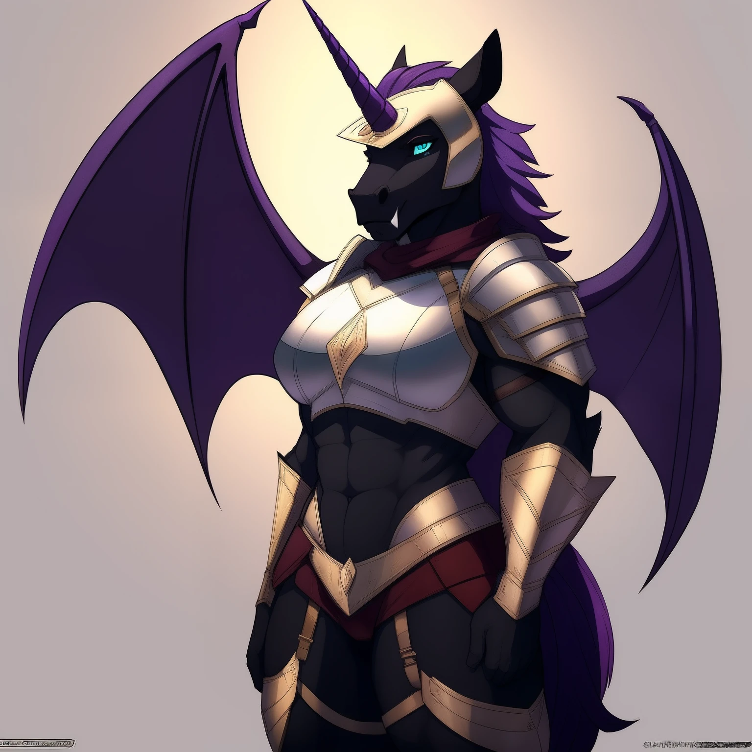 muscular_mature_horse female faded_dark_purple_mane ethereal_mane black_furry_body teal_eyes cat_eyes solo Masterpiece best_quality absurdres highly_detailed cleanly_drawn_eyes heavy_plate_armor fangs bat_wings helmet purple_eyeshadow starry_mane long_black_unicorn_horn horse_snout anthro_only seductive_gaze sultry by_claweddrip by_greasymojo by_underscore-