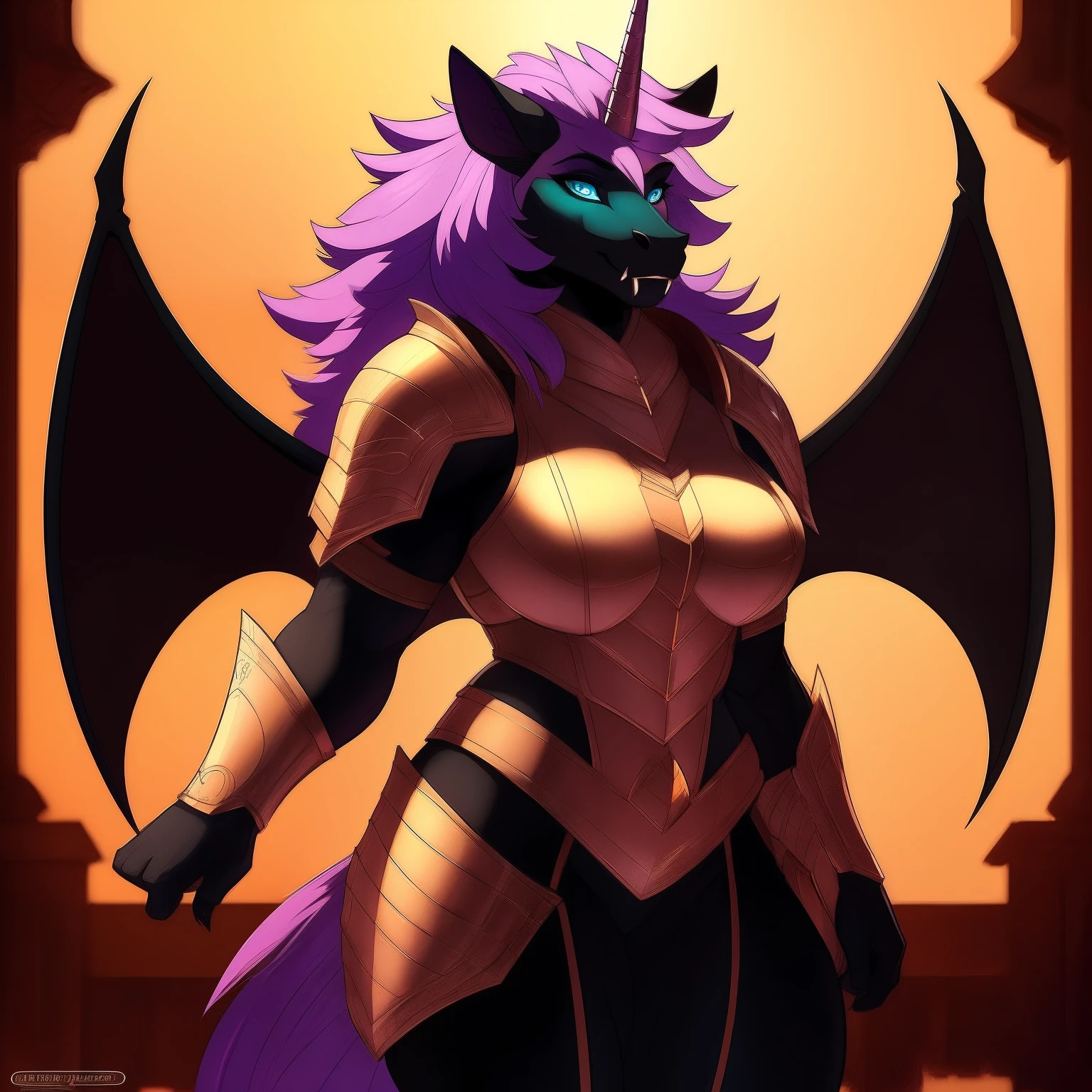 muscular_mature_horse female faded_dark_purple_mane ethereal_mane black_furry_body teal_eyes cat_eyes solo Masterpiece best_quality absurdres highly_detailed cleanly_drawn_eyes heavy_plate_armor fangs bat_wings helmet purple_eyeshadow starry_mane long_black_unicorn_horn horse_snout anthro_only seductive_gaze sultry by_claweddrip by_greasymojo by_underscore-