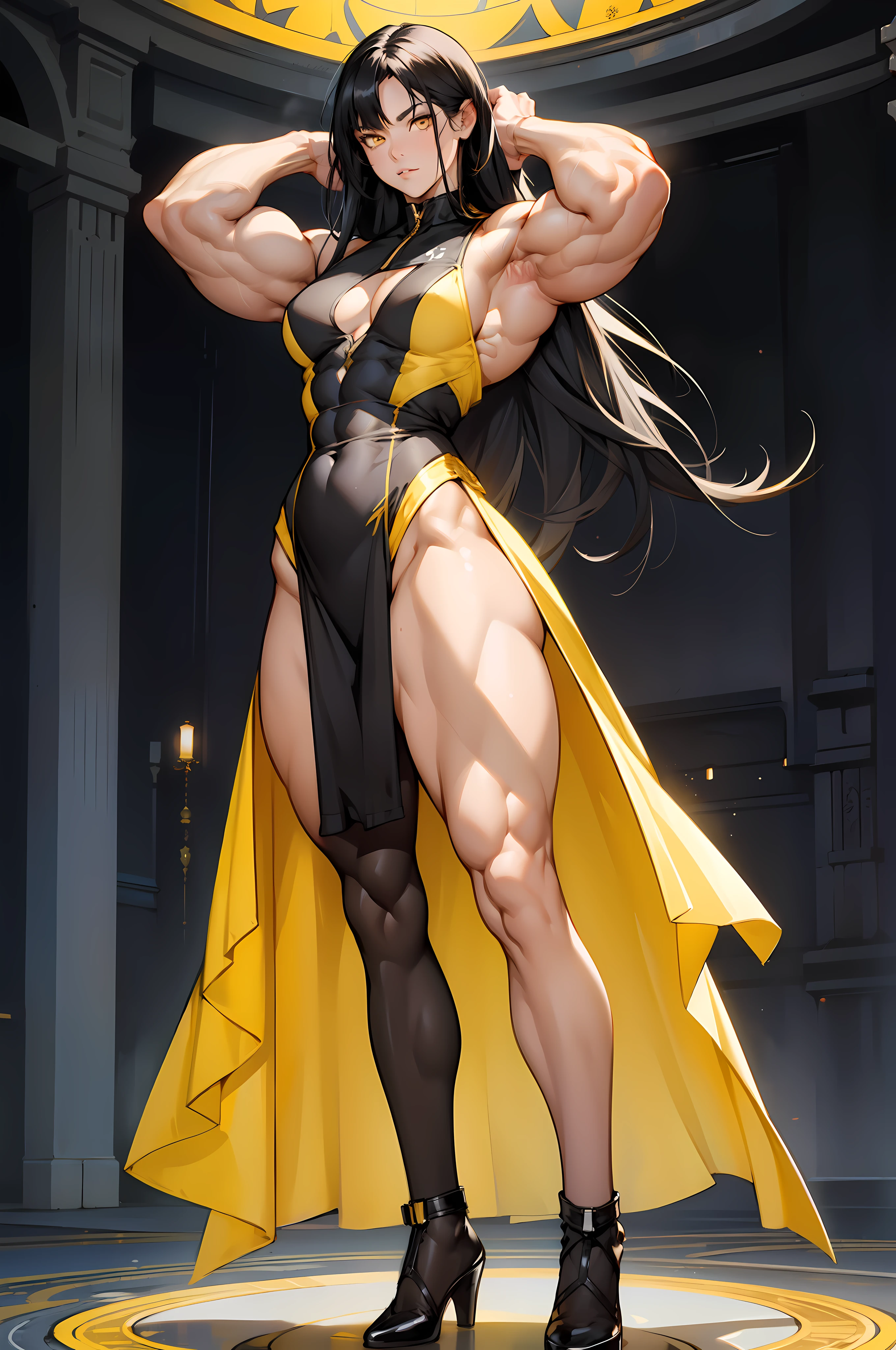 (((((1 girl))))), black hair, yellow eyes, very long hair, ((((((muscular)))))), tall, pale skin, tight dress, ((full body)), (solo), leotard, arms over head