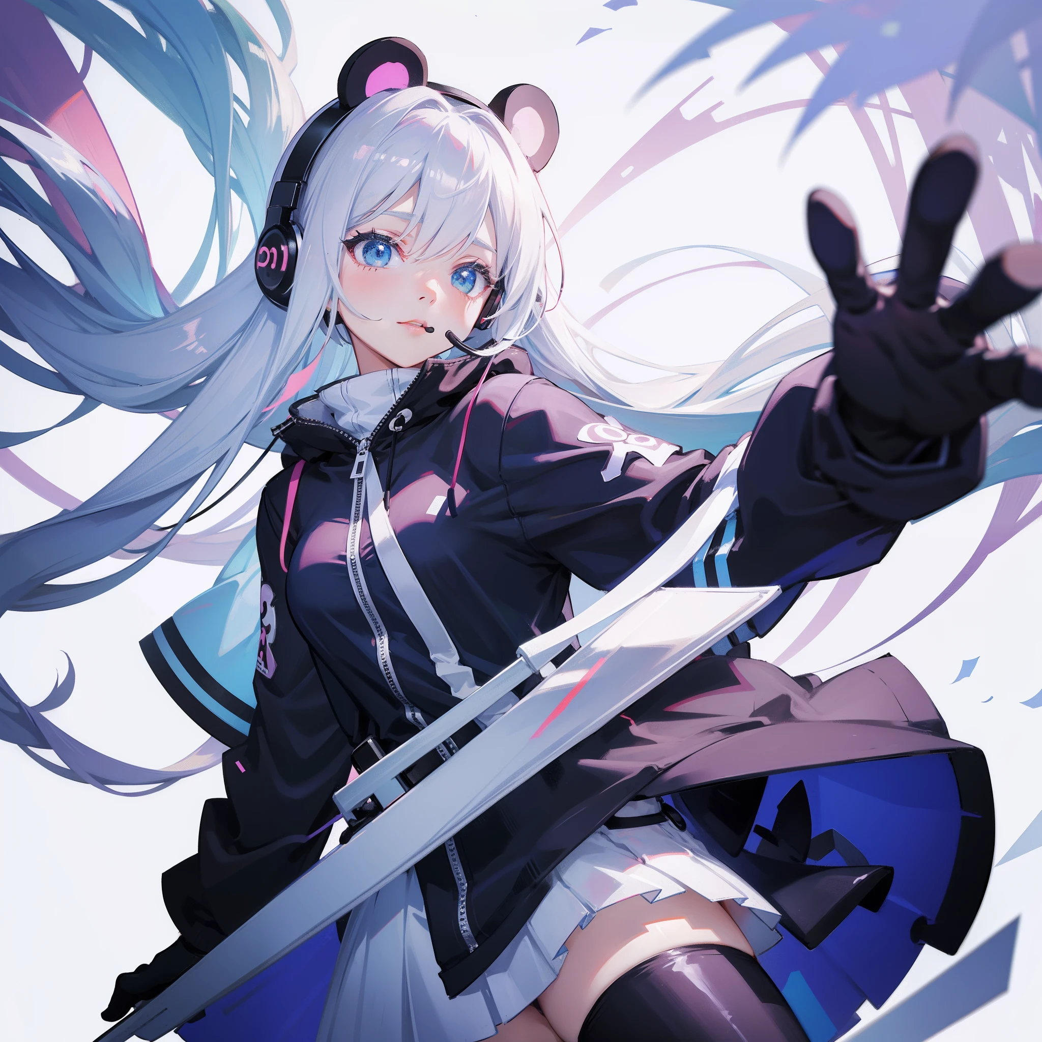 anime girl with headset, panda ears, hyper fashion, futuristic, white background