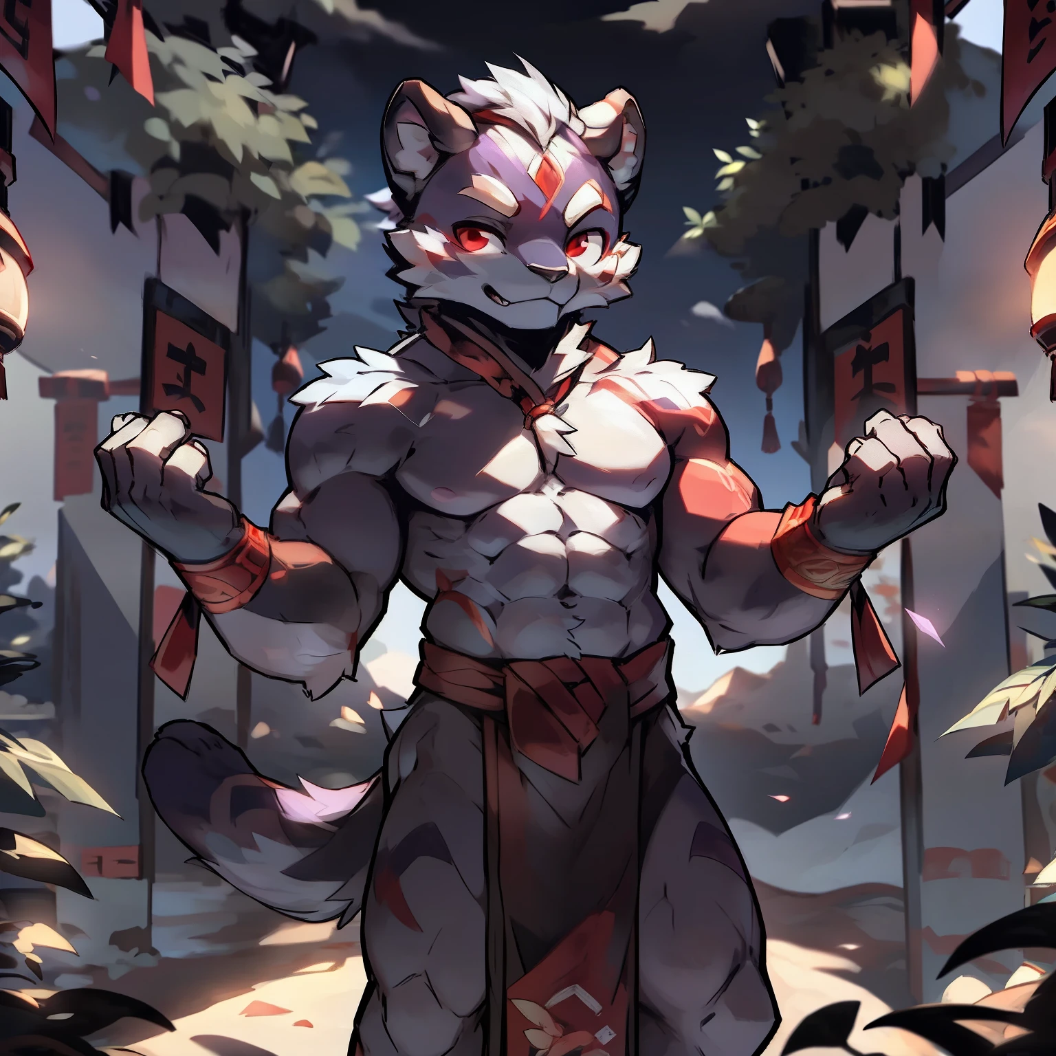 Best Quality), (Masterpiece), (((Single))), (Ultra Detailed), (Furry), Full Body Furry, Furry, (Male Tiger: 1.5), (Purple Skin: 1.3), (Purple Fur: 1.3), Character Focus, (Red Eyes), ((Humanoid hands)), ((Detailed People)), (Gray Ears), Sharp Focus, (Furry Feeling of Animal Ears), Chinese Wuxia, ((Wuxia)), ((Chinese Style)), Chinese Wuxia Costume, On the streets of ancient China, Muscular body, Young, Topless, Abs.