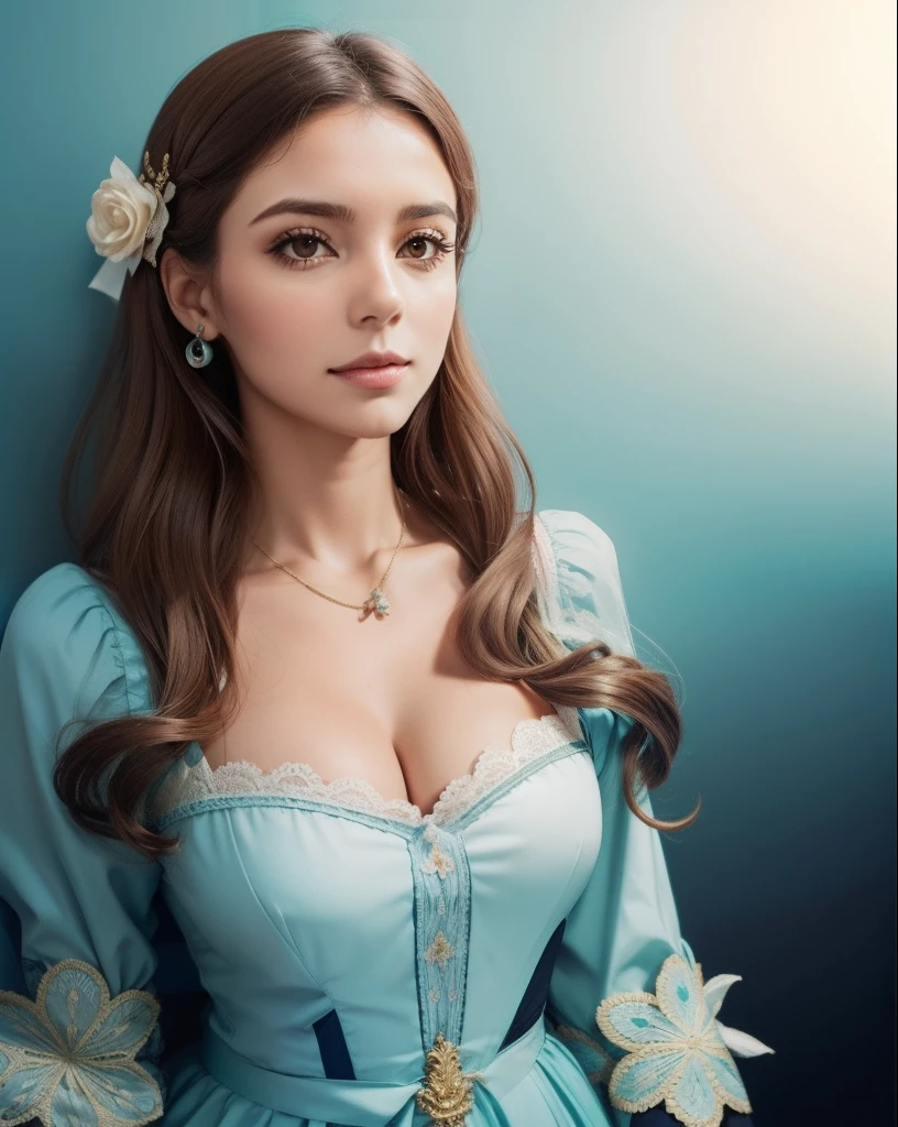 a close up of a woman in a blue dress with a white dress, elegant lady with alabaster skin, inspired by Franz Xaver Winterhalter, curvaceous. detailed expression, biedermeier, john currin, artdoll, 1 7 th century duchess, inspired by Thomas Lawrence, inspired by François Clouet, curvaceous. detailed