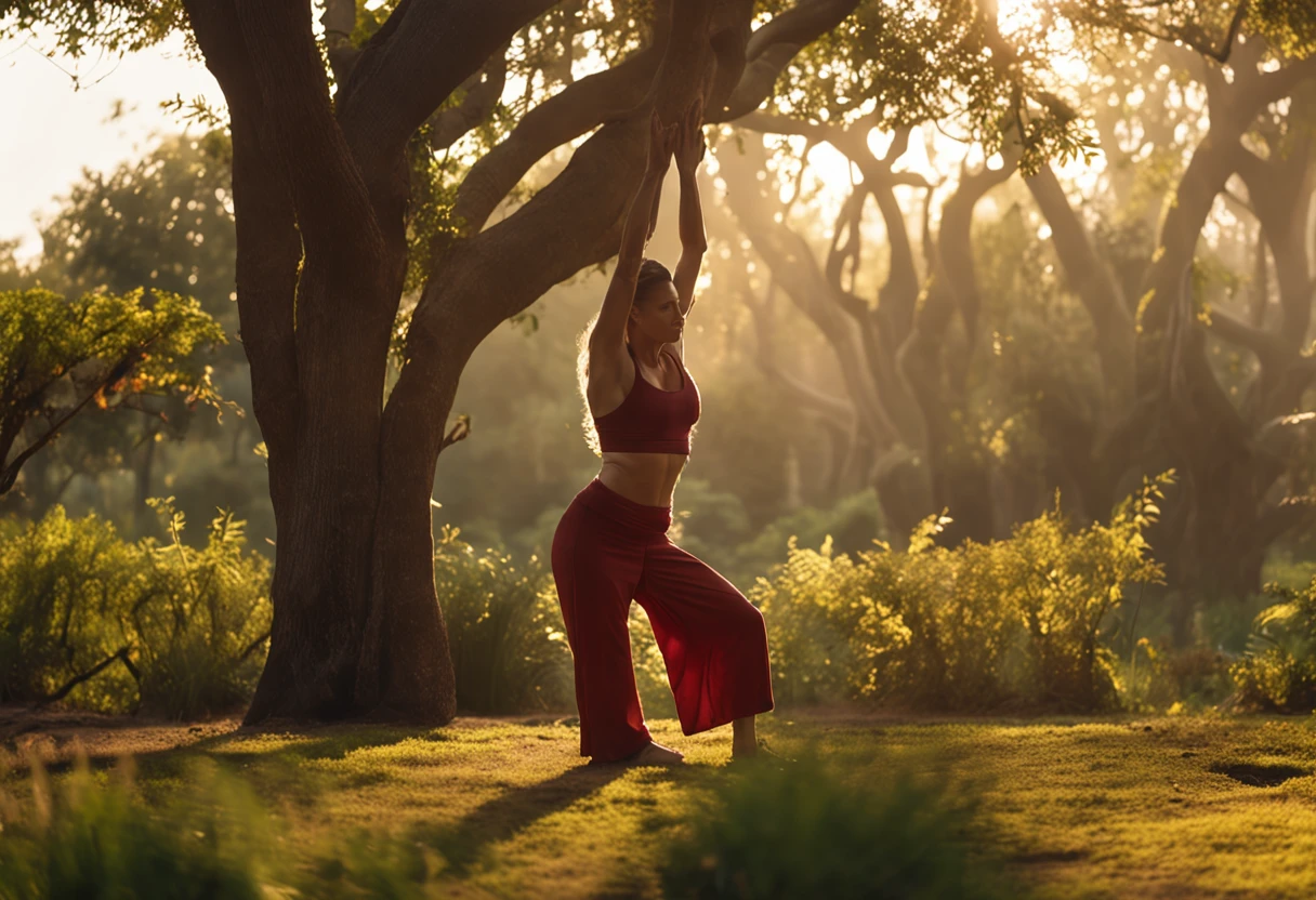 Create a vivid photography of yoga poses, inspired by Annie Leibovitz. Picture a serene figure in the Tree Pose, framed by lush greenery. The lens size should be 50mm, capturing the practitioner's focused expression. Use warm, golden-hour lighting to evoke a sense of tranquility