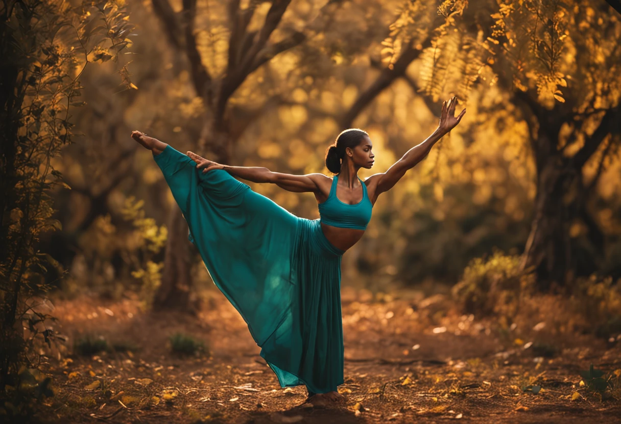 Create a vivid photography of yoga poses, inspired by Annie Leibovitz. Picture a serene figure in the Tree Pose, framed by lush greenery. The lens size should be 50mm, capturing the practitioner's focused expression. Use warm, golden-hour lighting to evoke a sense of tranquility